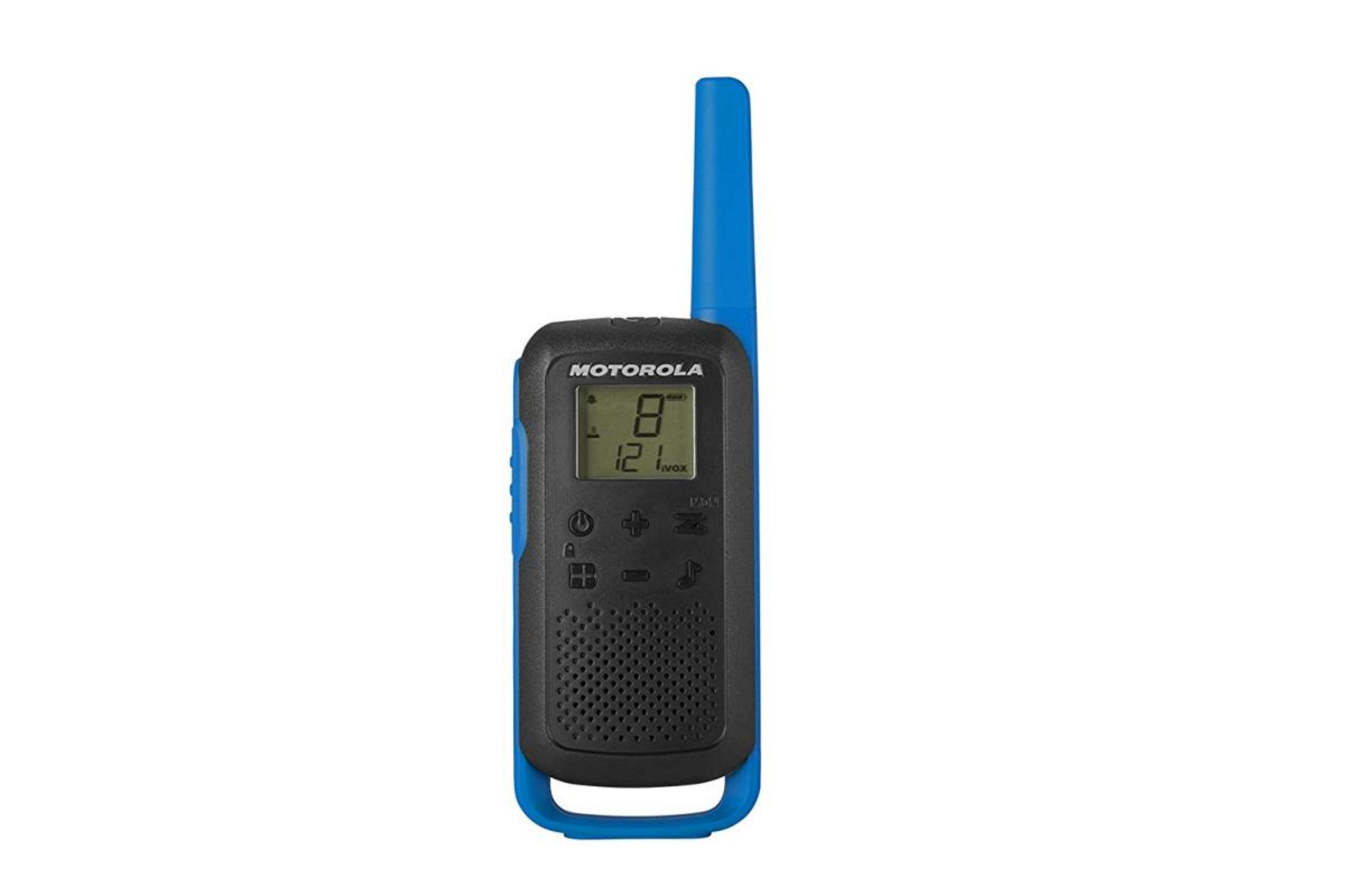 Ein schwarzes Motorola-Funkgerät mit blauer Antenne und Display.