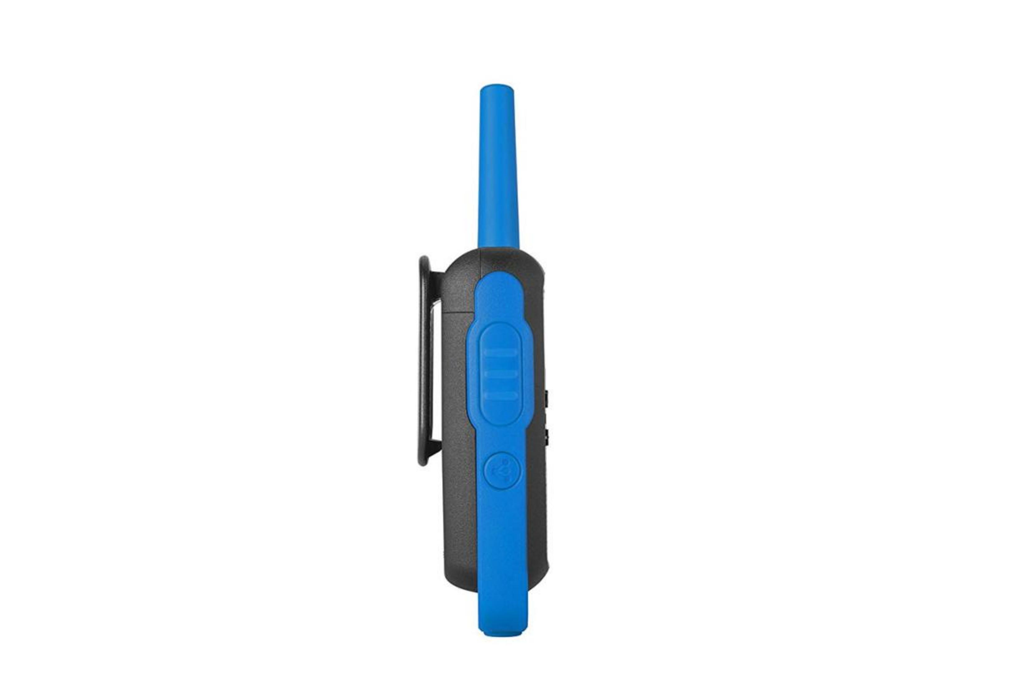 Ein blaues und schwarzes Walkie-Talkie mit einem Gürtelclip, im Profil gezeigt.