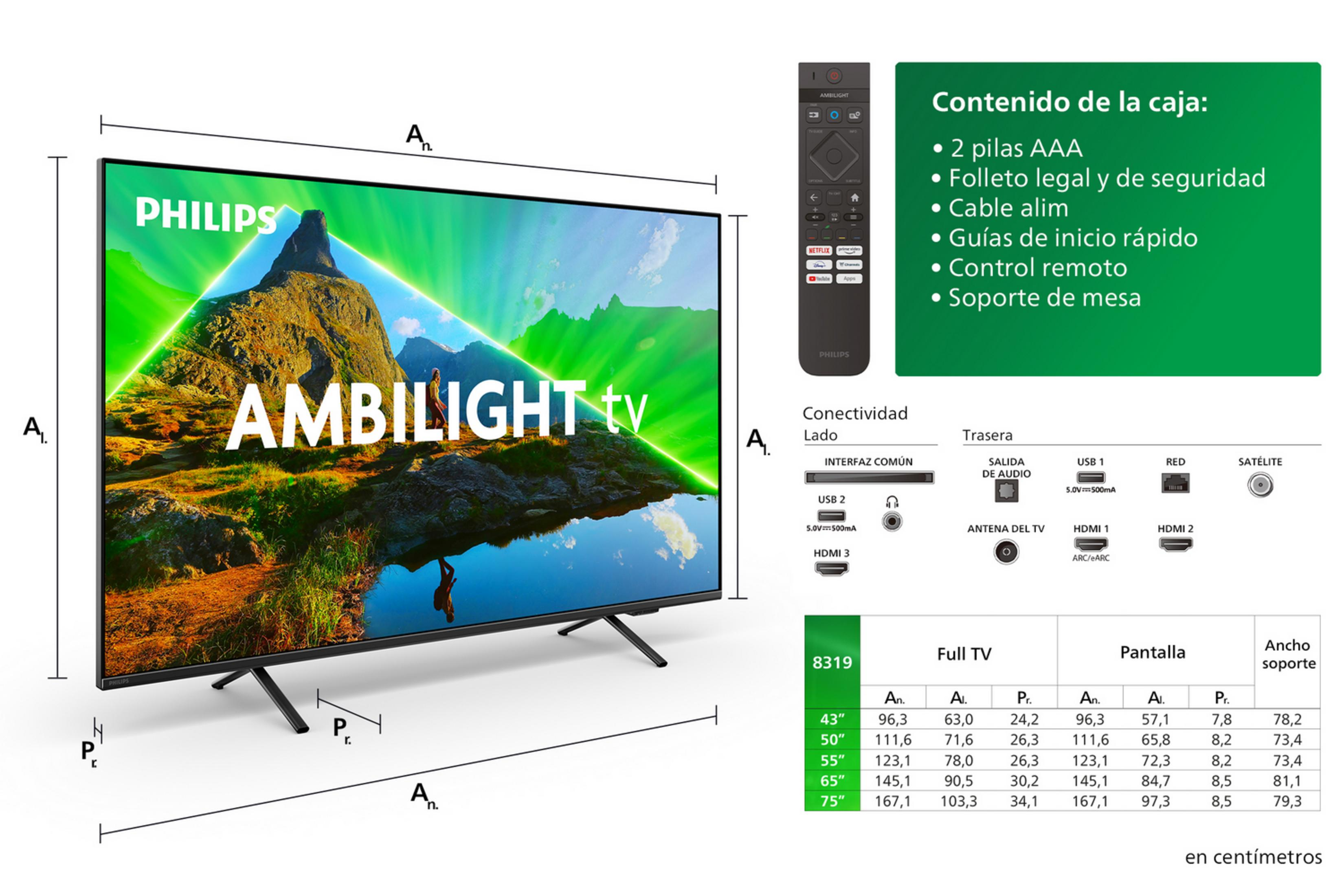 Una TV Philips Ambilight con telecomando, porte e tabella delle taglie.