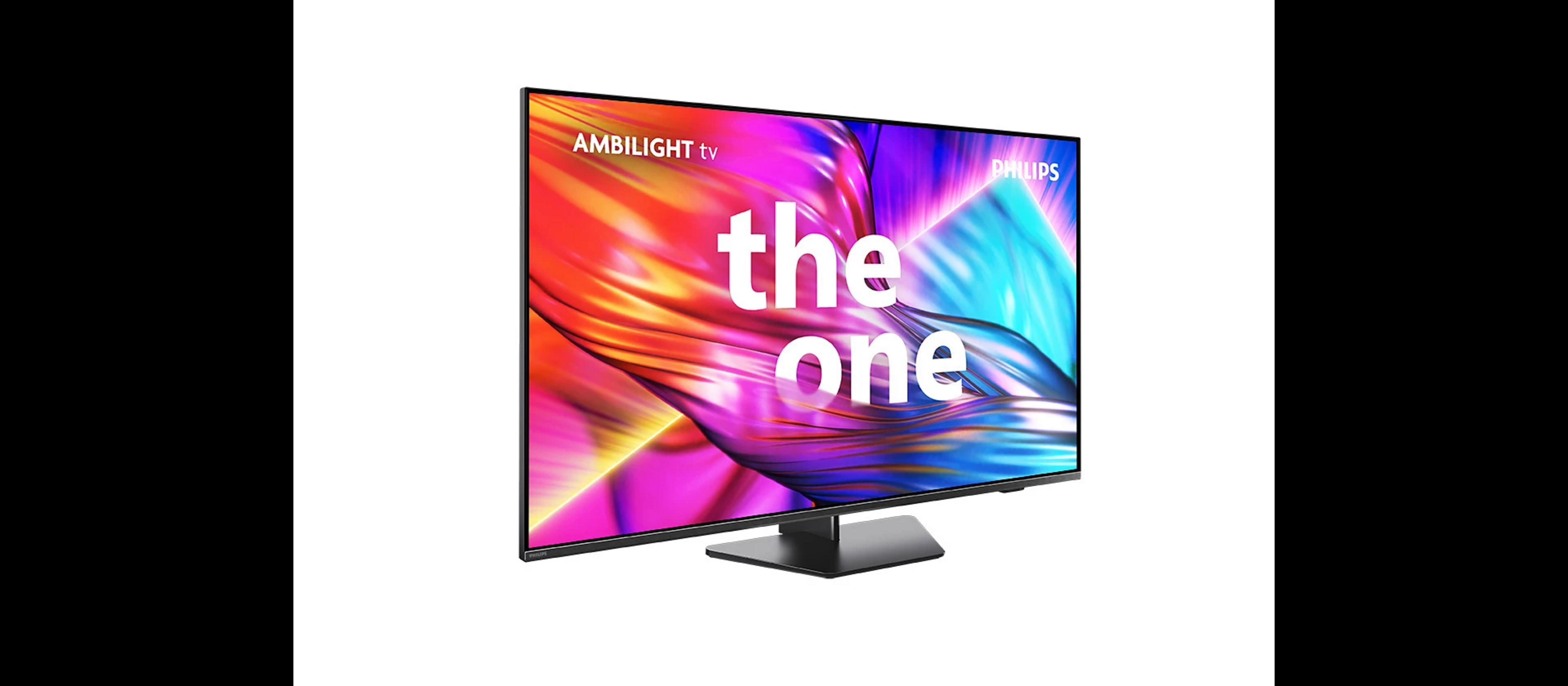Una TV Philips Ambilight mostra la scritta 'the one' sul suo schermo vivido.