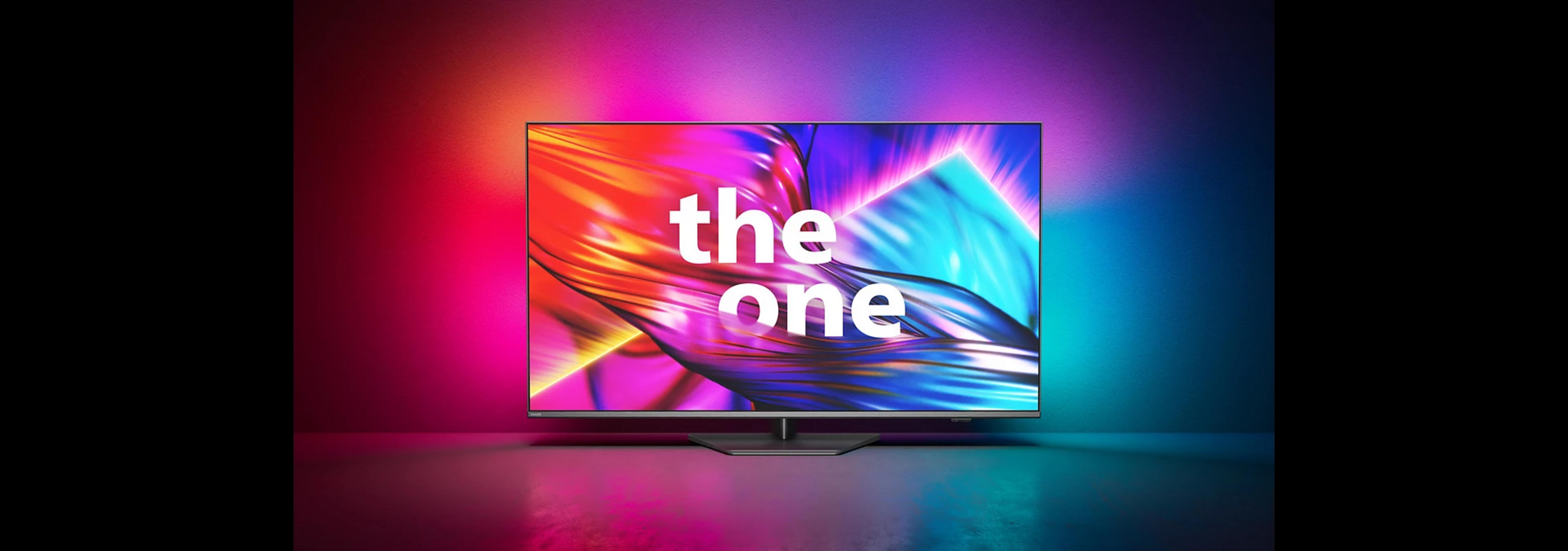 Una TV moderna con la scritta "the one" su uno sfondo colorato.