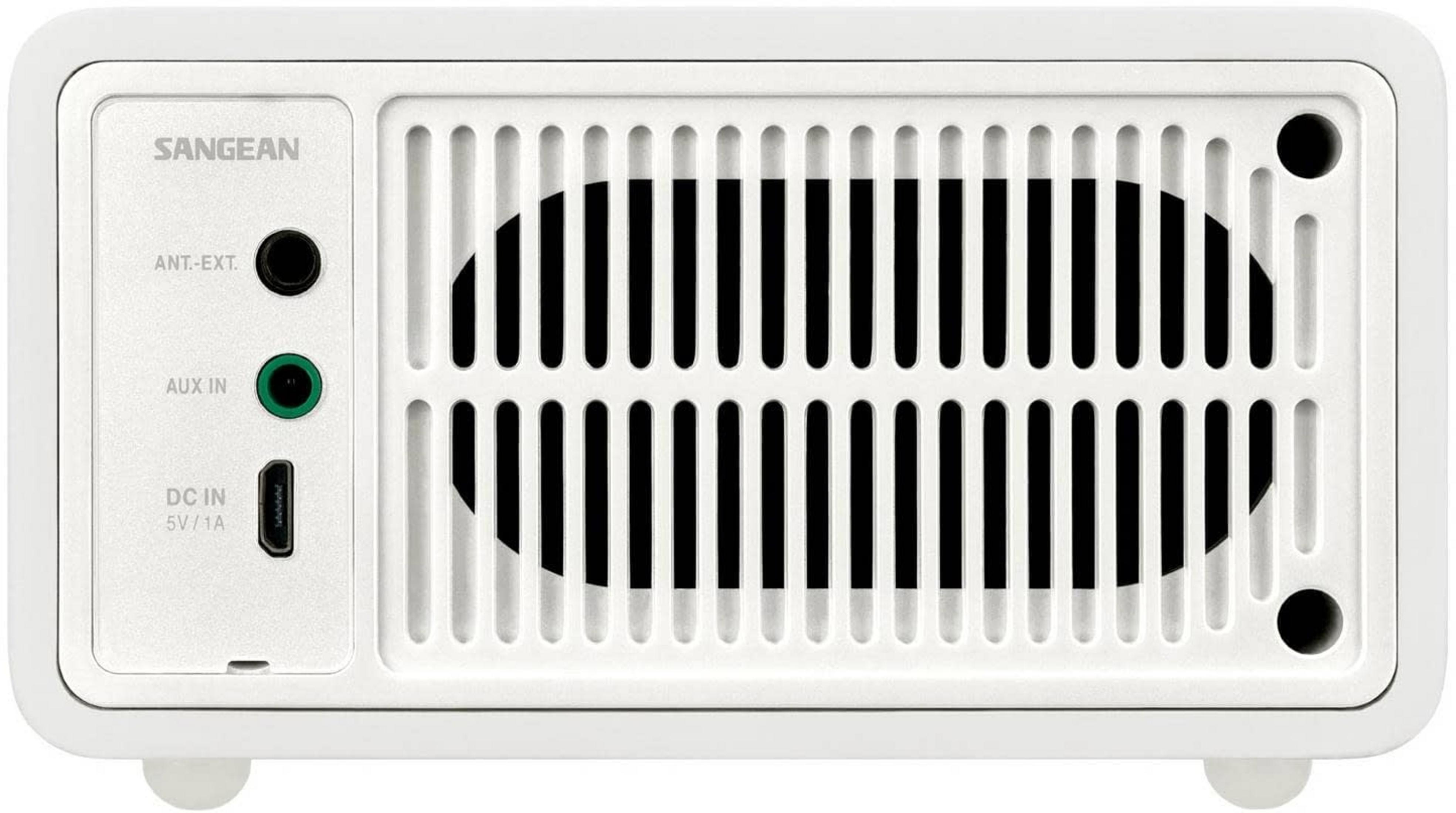 Scatola Sangean bianca con prese d'aria e porte: ANT-EXT, AUX IN, DC IN.