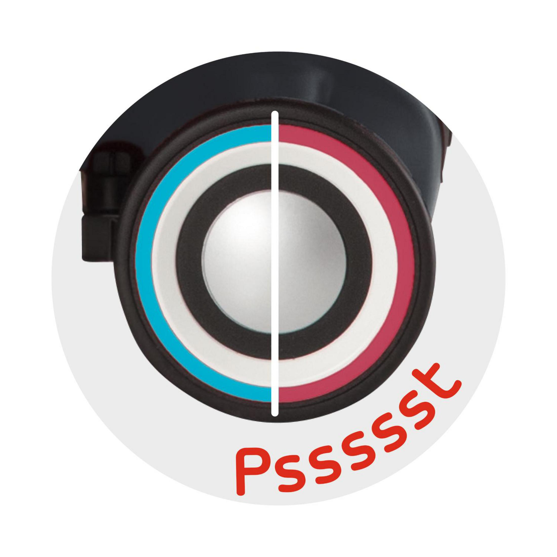 Rad mit blauen und roten Ringen, Text "Pssssst".