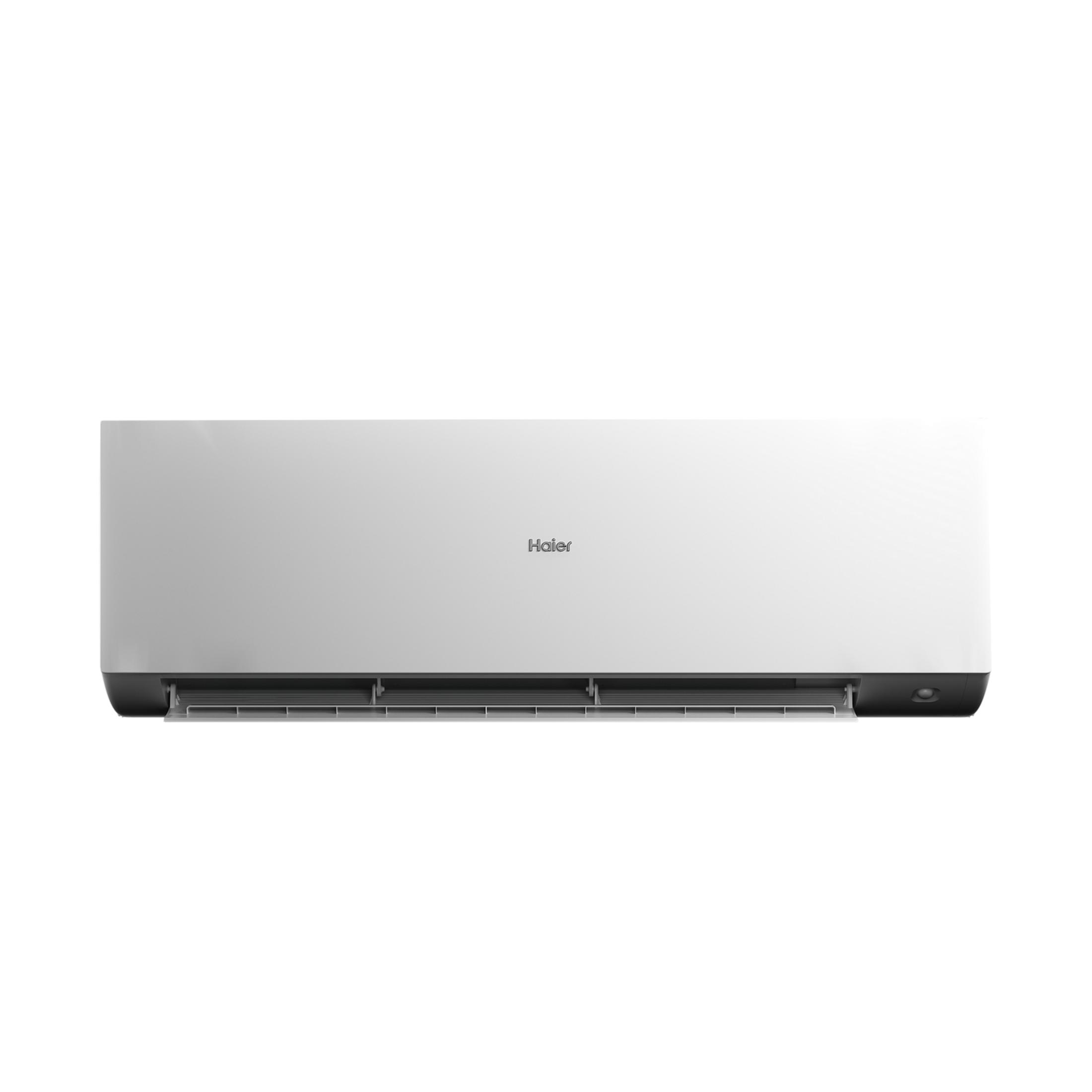 Unidad interior de aire acondicionado Haier blanca con rejillas abajo.