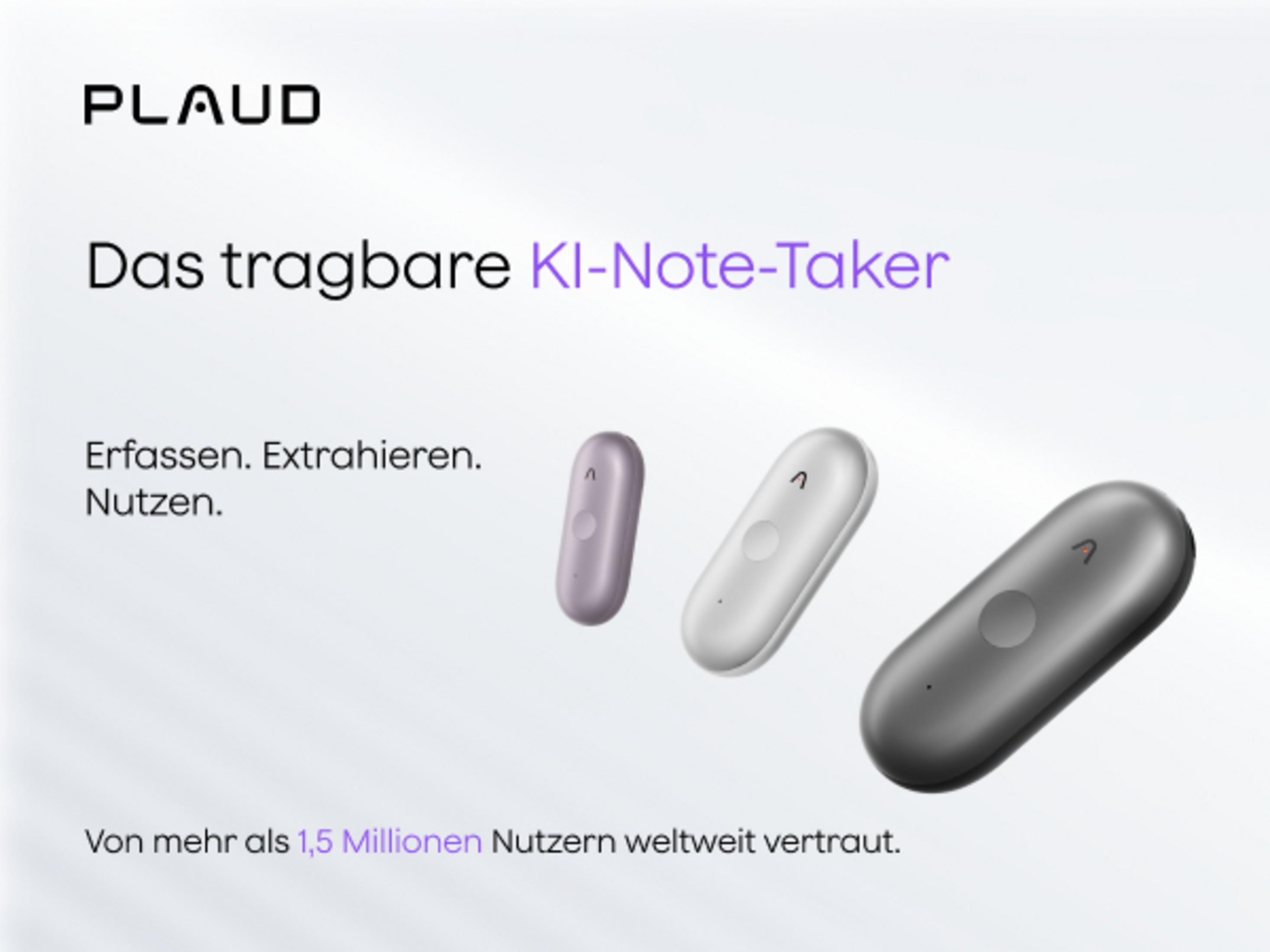 Plaud tragbarer KI-Note-Taker in lila, weiß und grau.