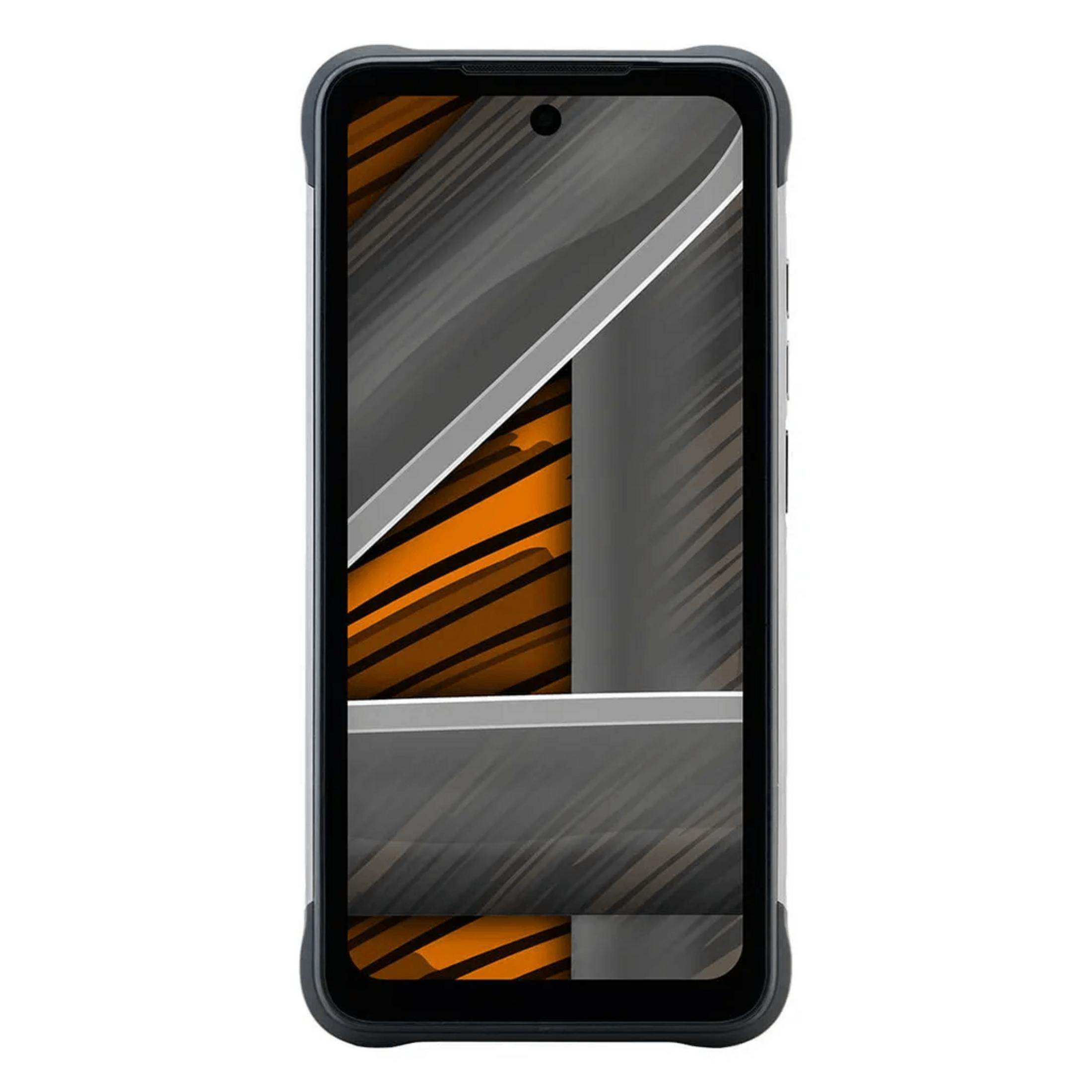 Robustes Smartphone mit orangenem und grauem Streifenmuster auf dem Bildschirm.