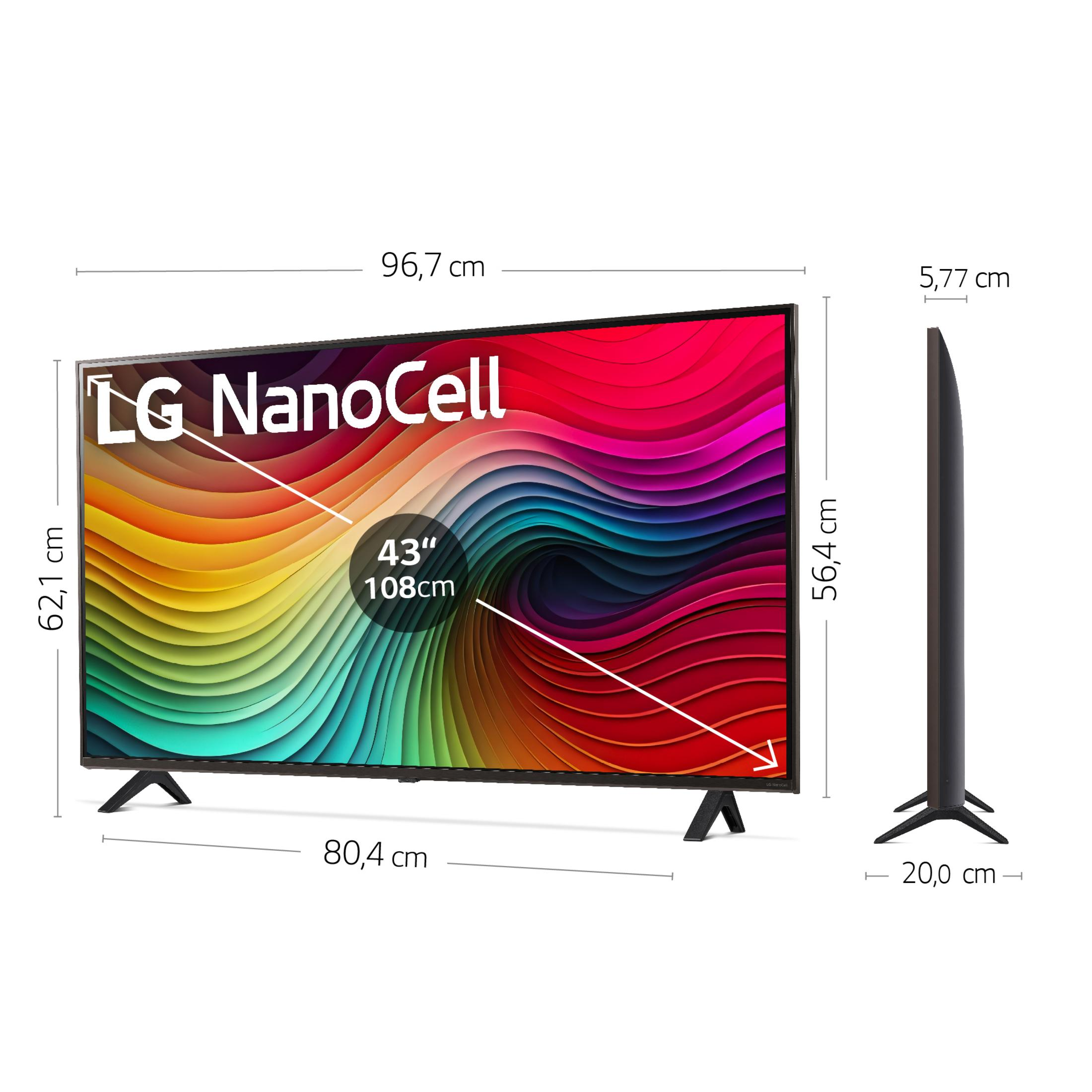 TV LG NanoCell de 43 pulgadas con fondo colorido y dimensiones.