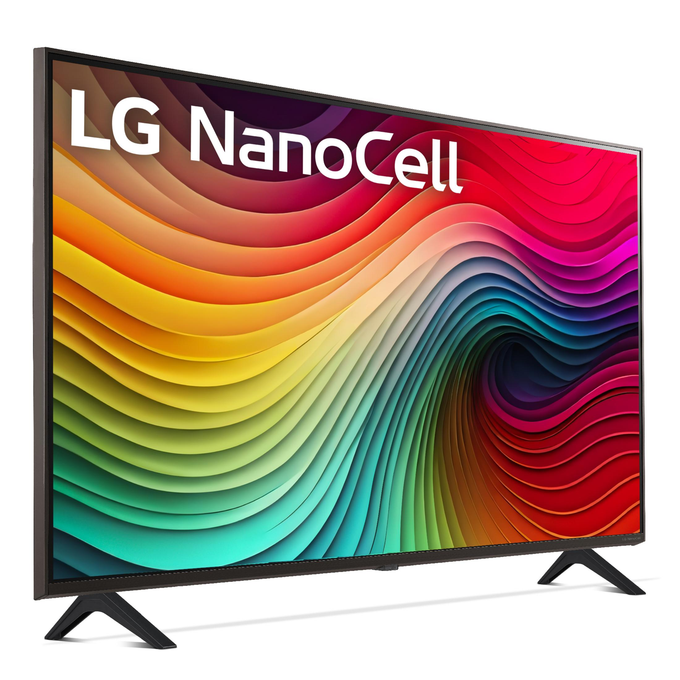 Un televisor LG NanoCell con un fondo abstracto colorido y ondulado.