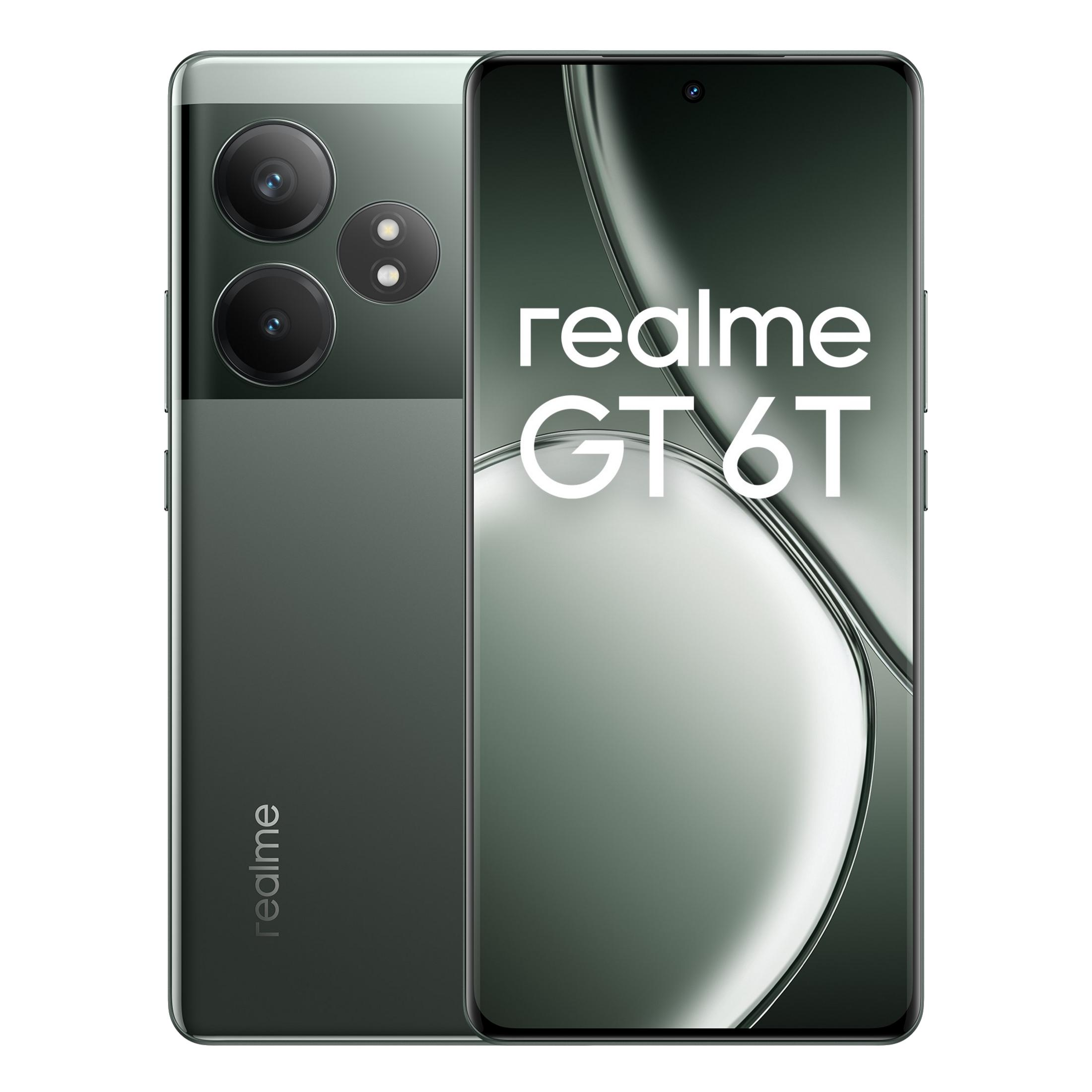 Ein grünes Realme GT 6T Smartphone mit drei Kameras auf der Rückseite.