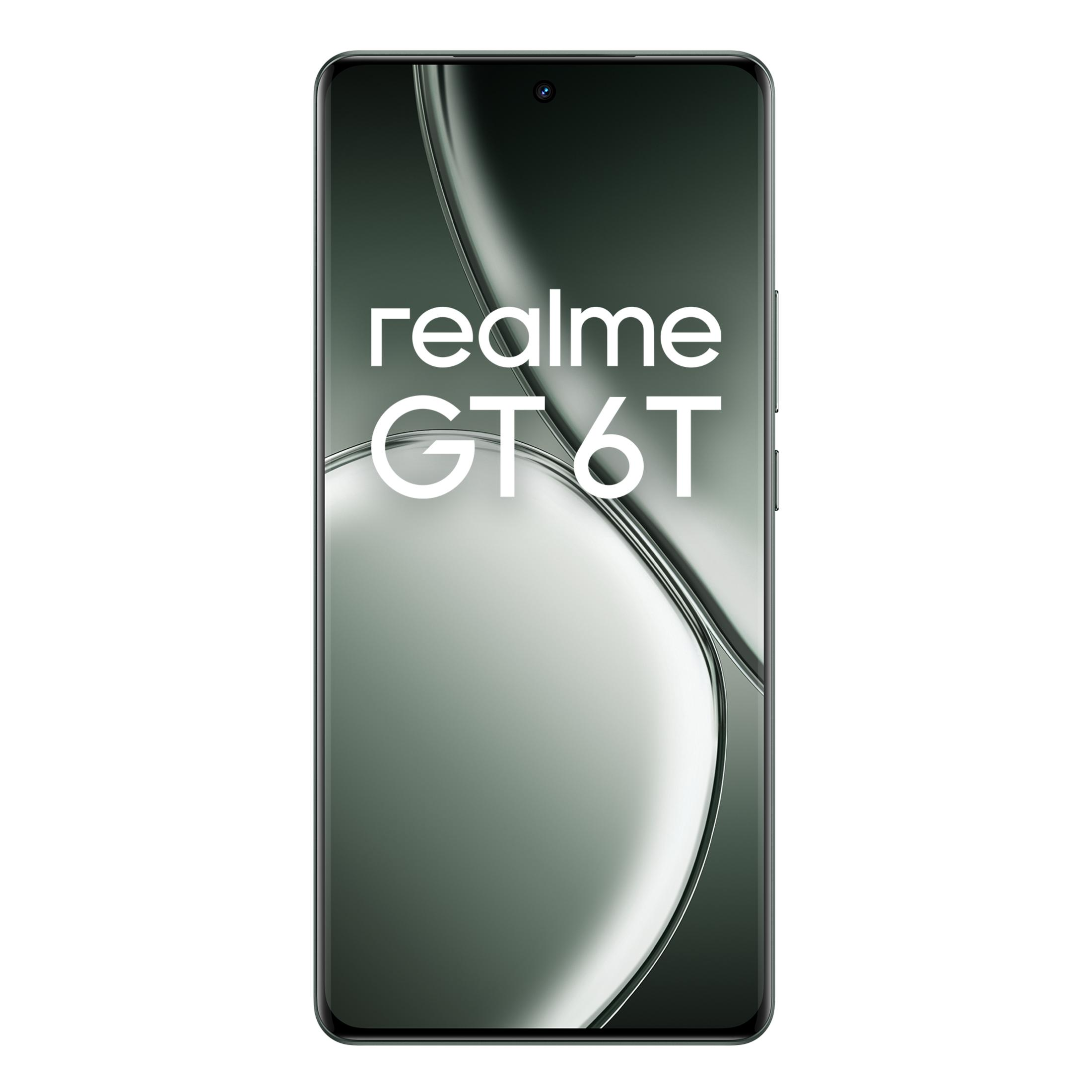 Ein schwarzes Smartphone mit dem Schriftzug „realme GT 6T“ auf dem Display.