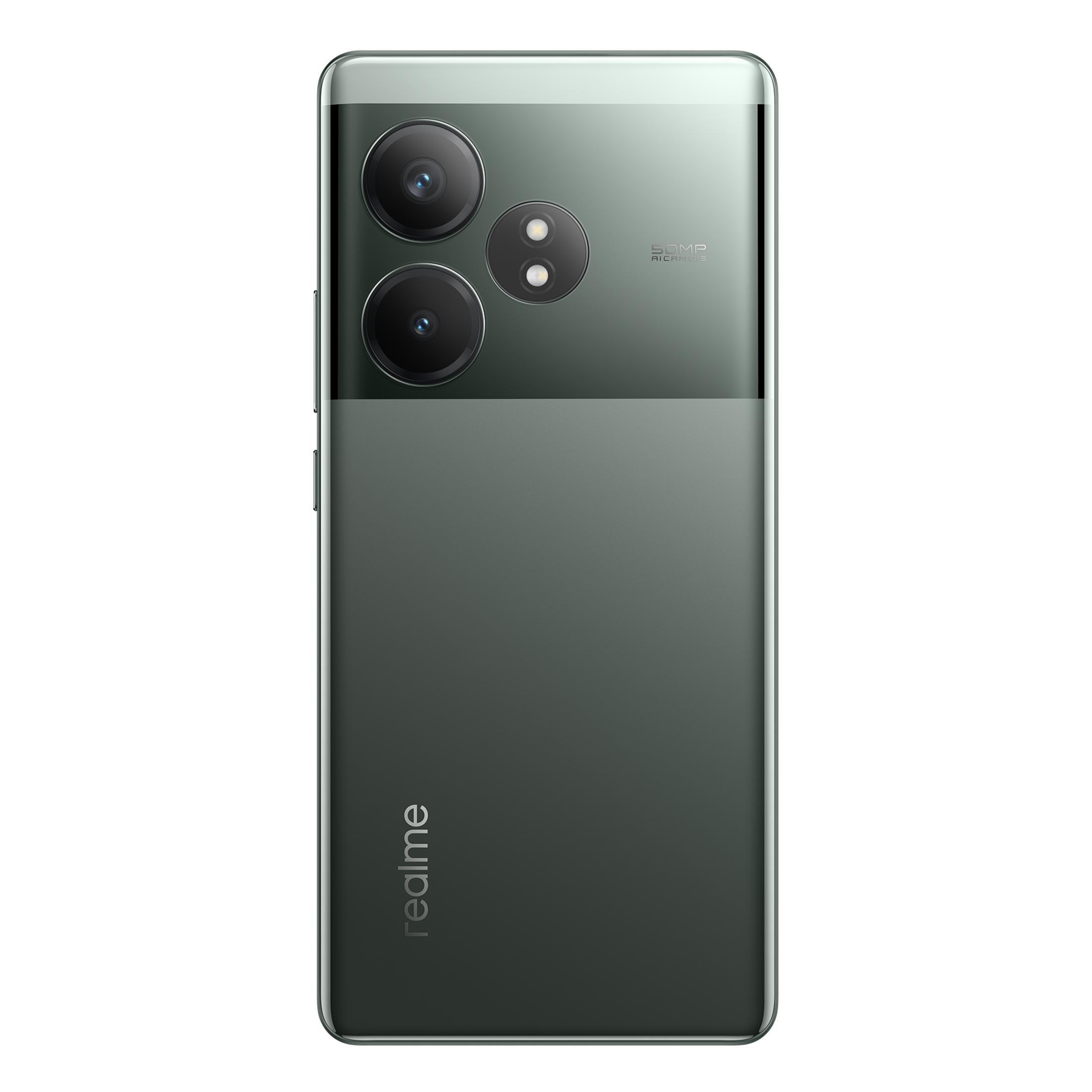 Rückseite eines dunkelgrünen Smartphones mit dreifacher Kamera und Realme-Logo.