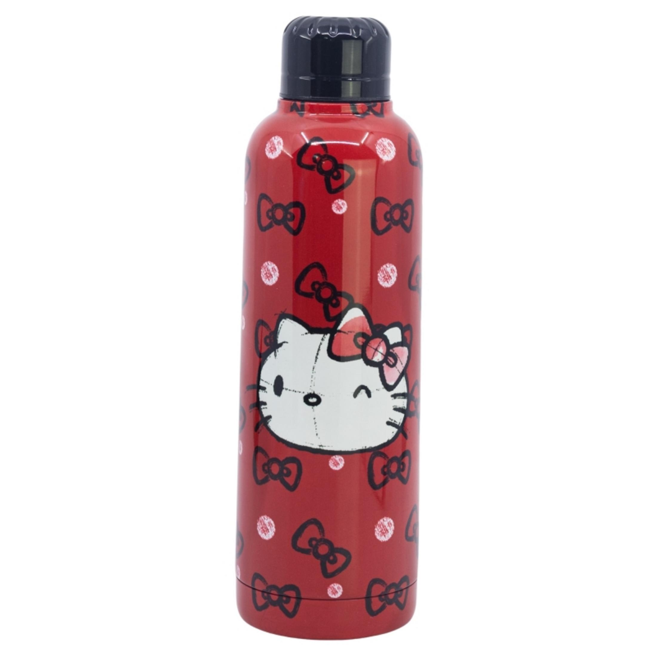 Rote Wasserflasche mit Hello Kitty Motiv und schwarzem Deckel.