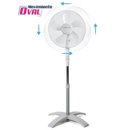 Un ventilatore da terra bianco con movimento ovale e frecce che indicano il suo raggio.