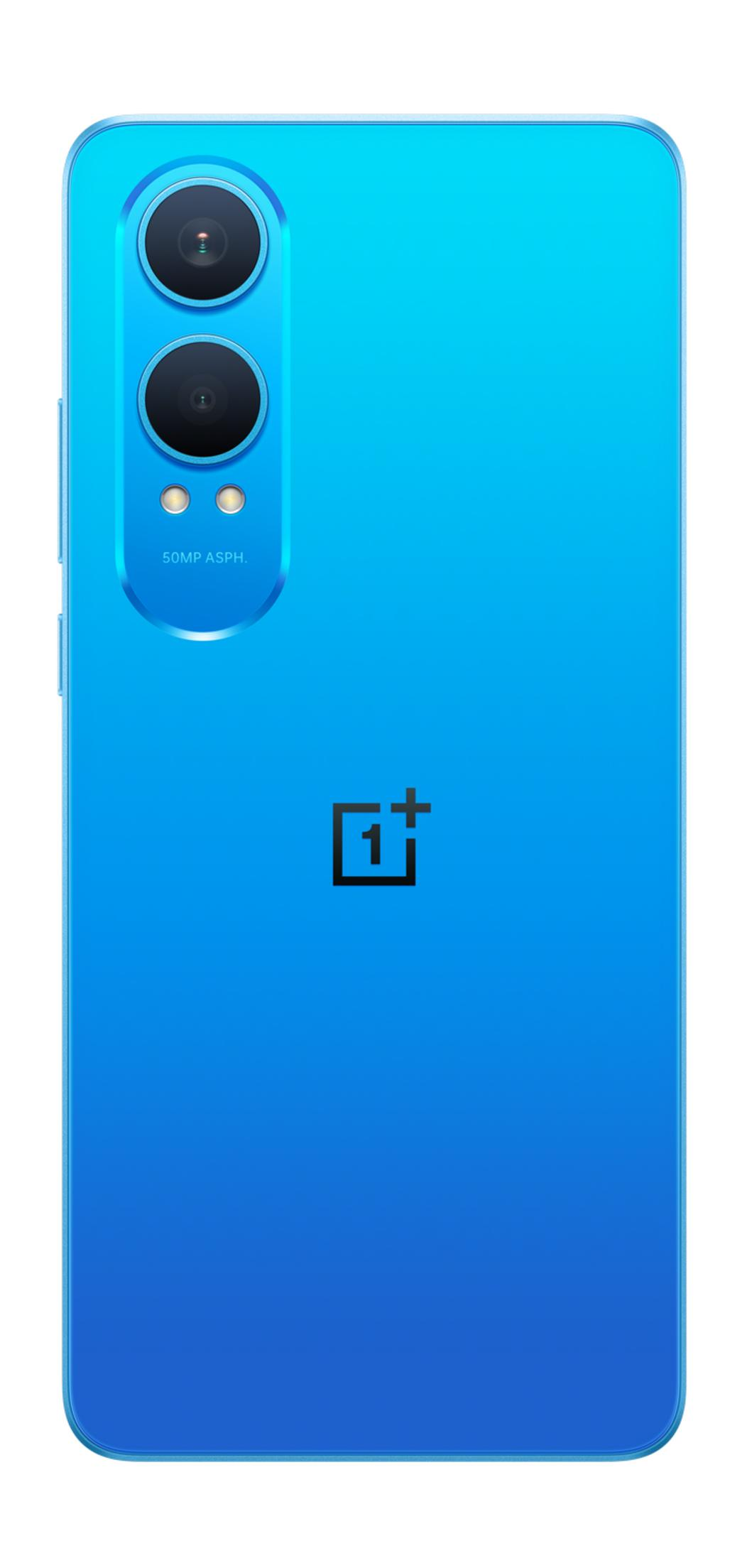 Smartphone blu con doppia fotocamera posteriore e logo OnePlus.