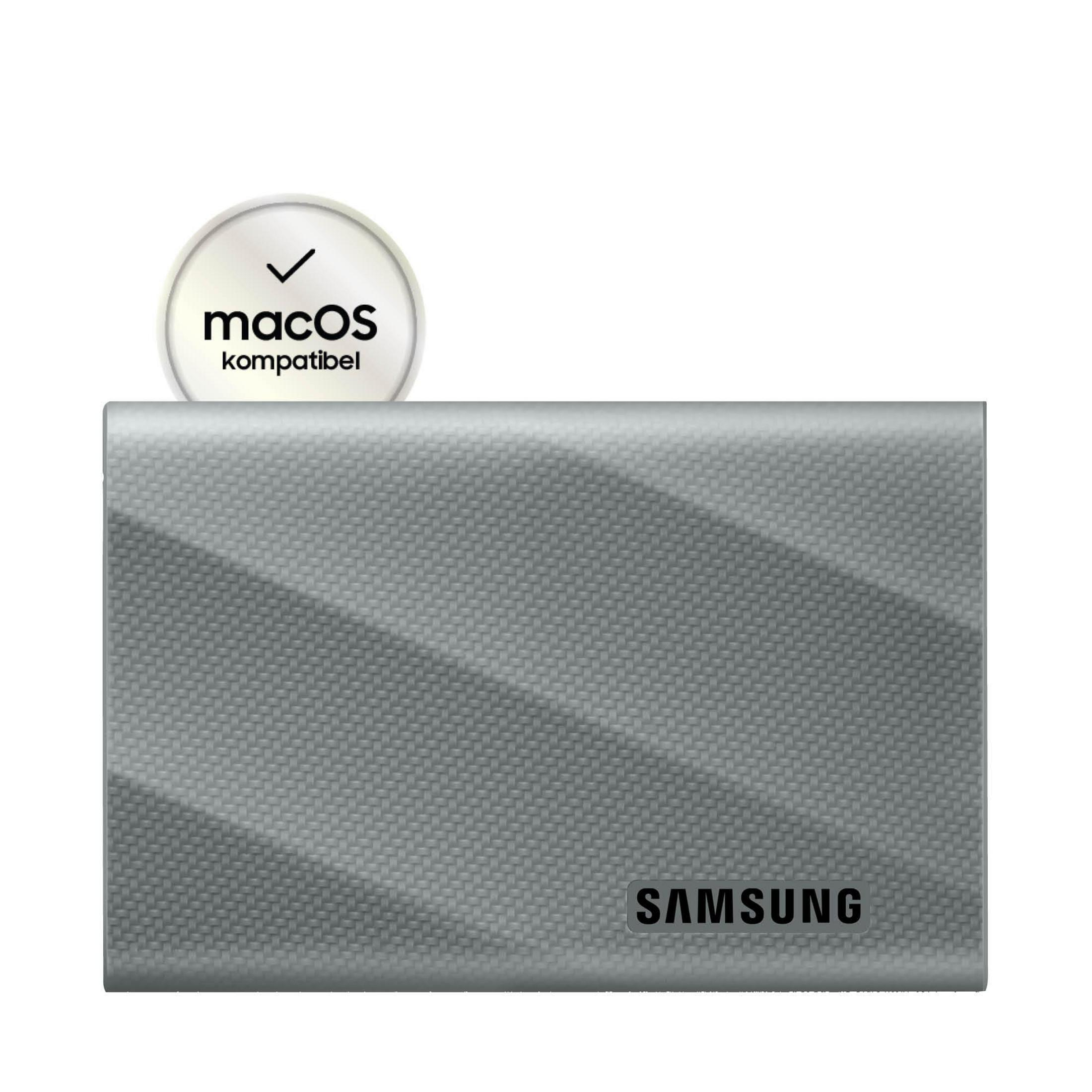 Hard disk esterno Samsung grigio con badge compatibilità macOS.
