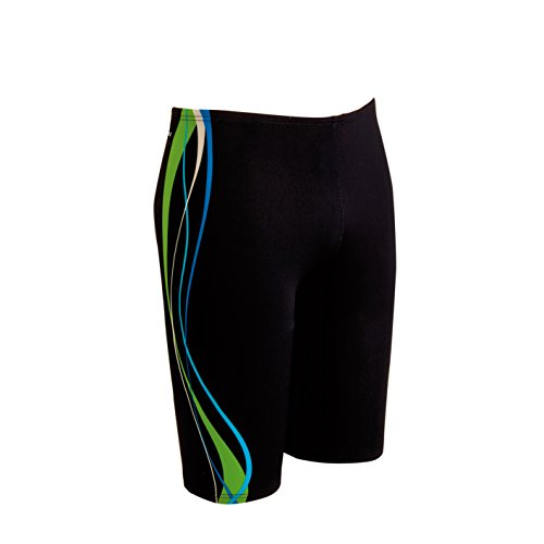 Costume da bagno nero con linee ondulate verdi e blu sul lato sinistro.