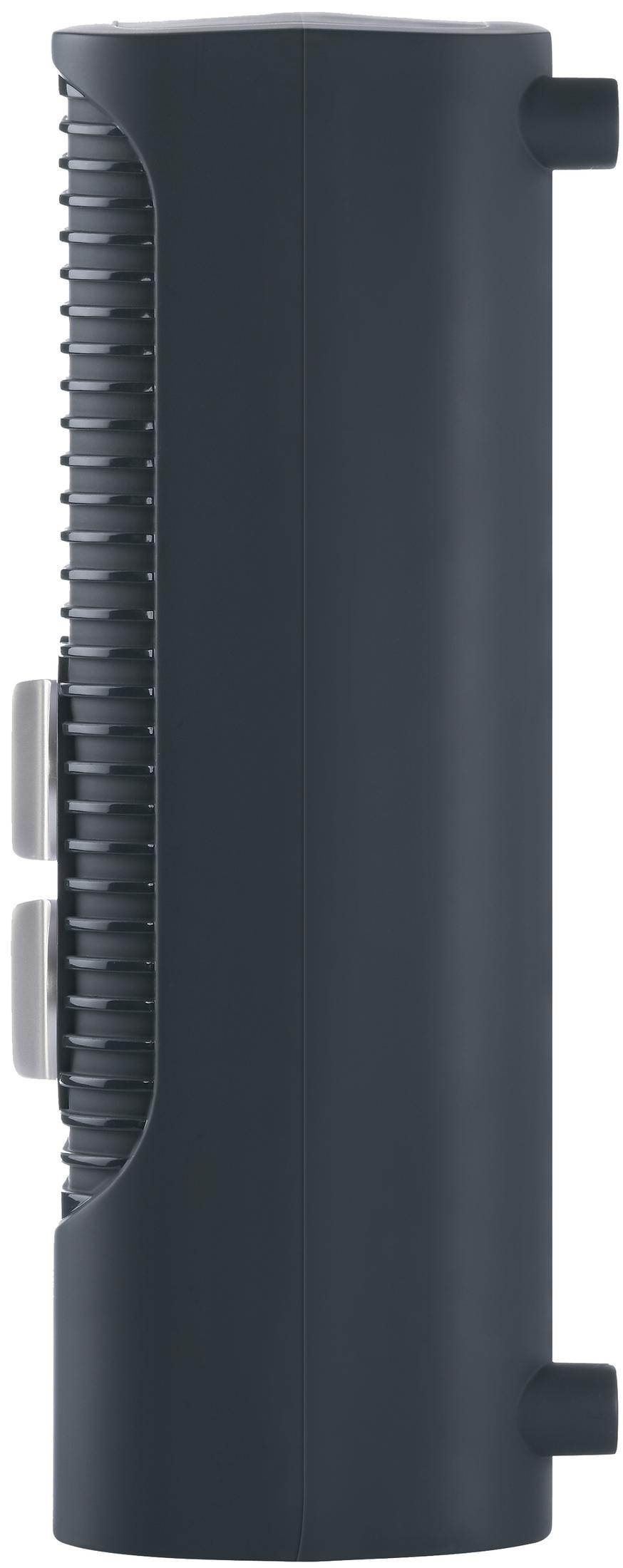 Dispositivo rettangolare grigio scuro con fessure di ventilazione a sinistra e ugello a destra.