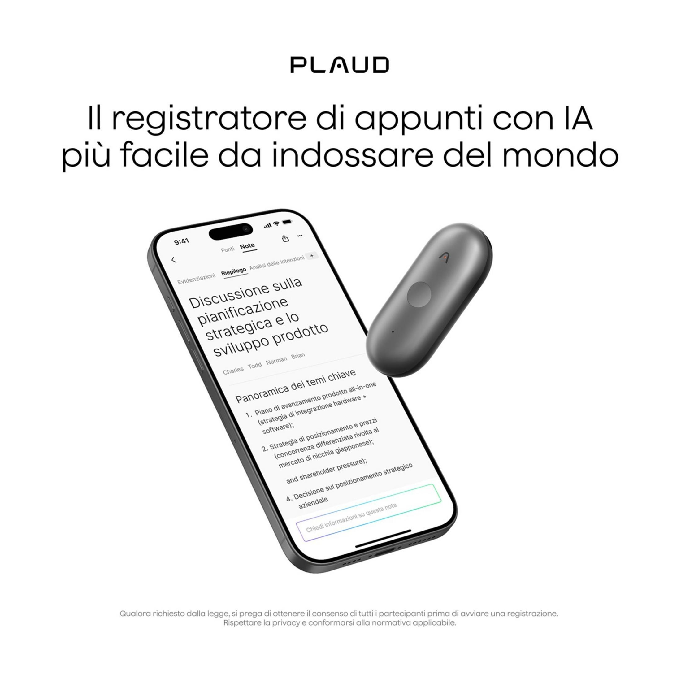 Graues KI-Aufnahmegerät neben einem Smartphone, das eine Notiz zeigt.