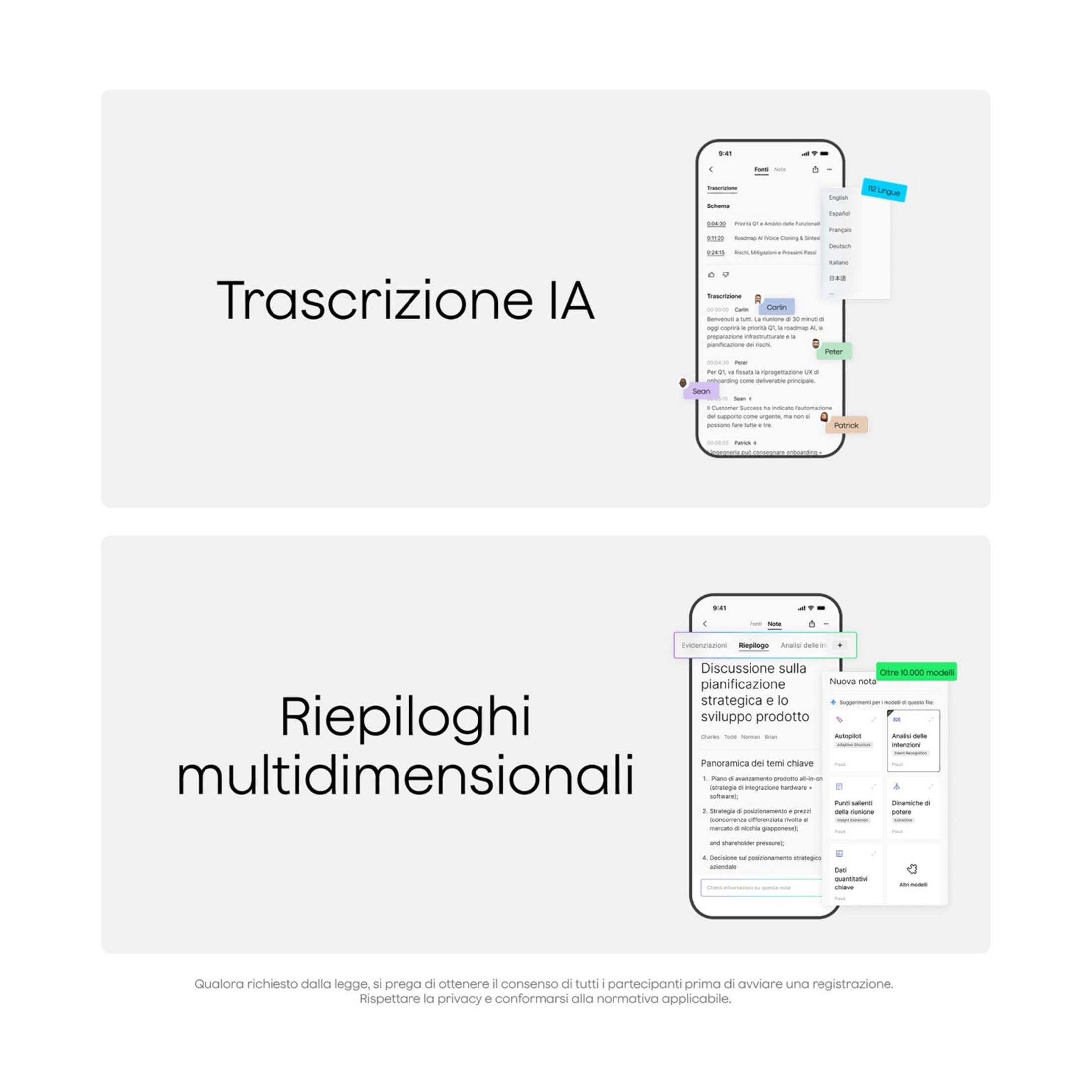 Zwei Screenshots zeigen mobile Apps mit Texten zu KI-Transkription und Zusammenfassungen.