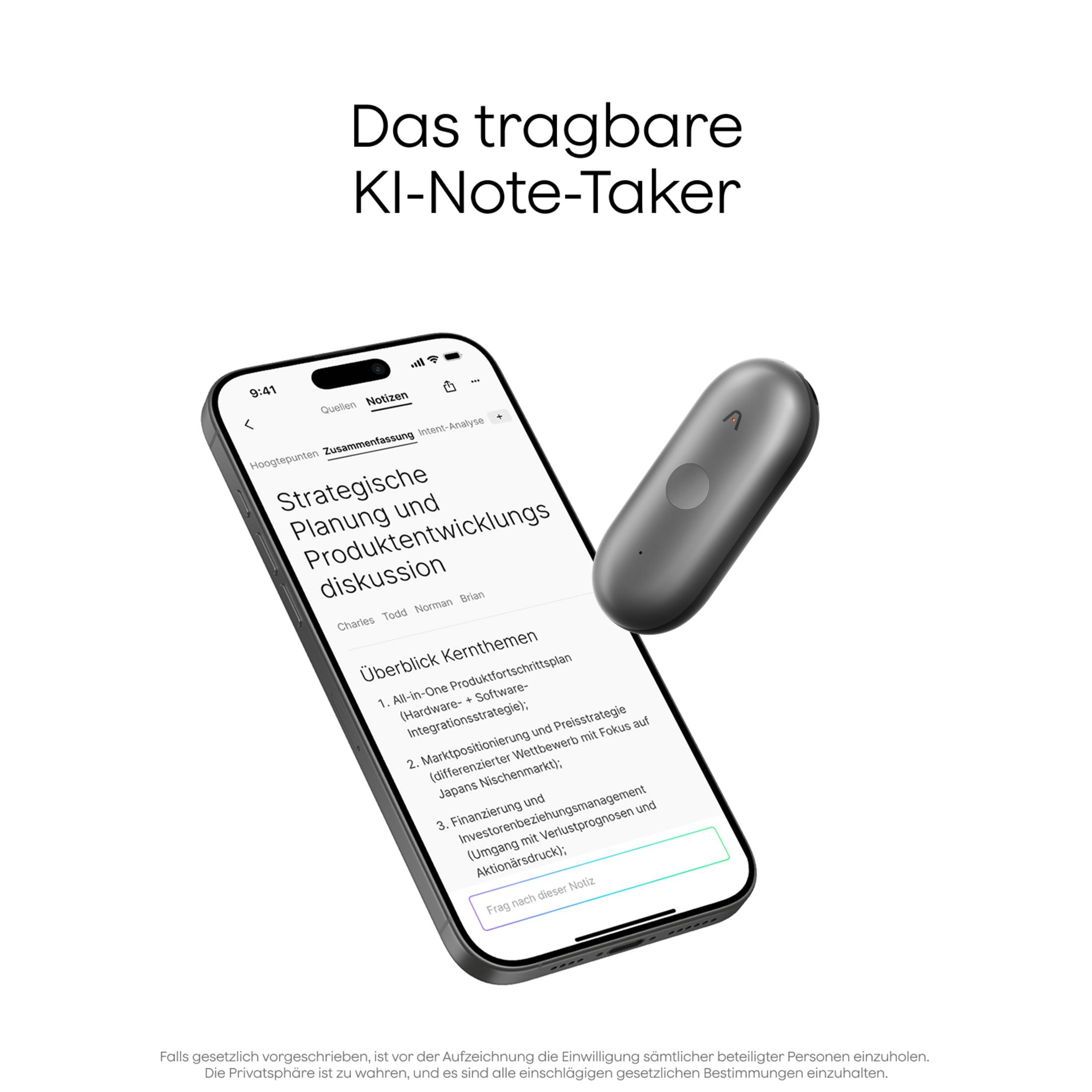 Ein Smartphone zeigt eine Zusammenfassung mit Kernpunkten und daneben ein KI-Notizgerät.