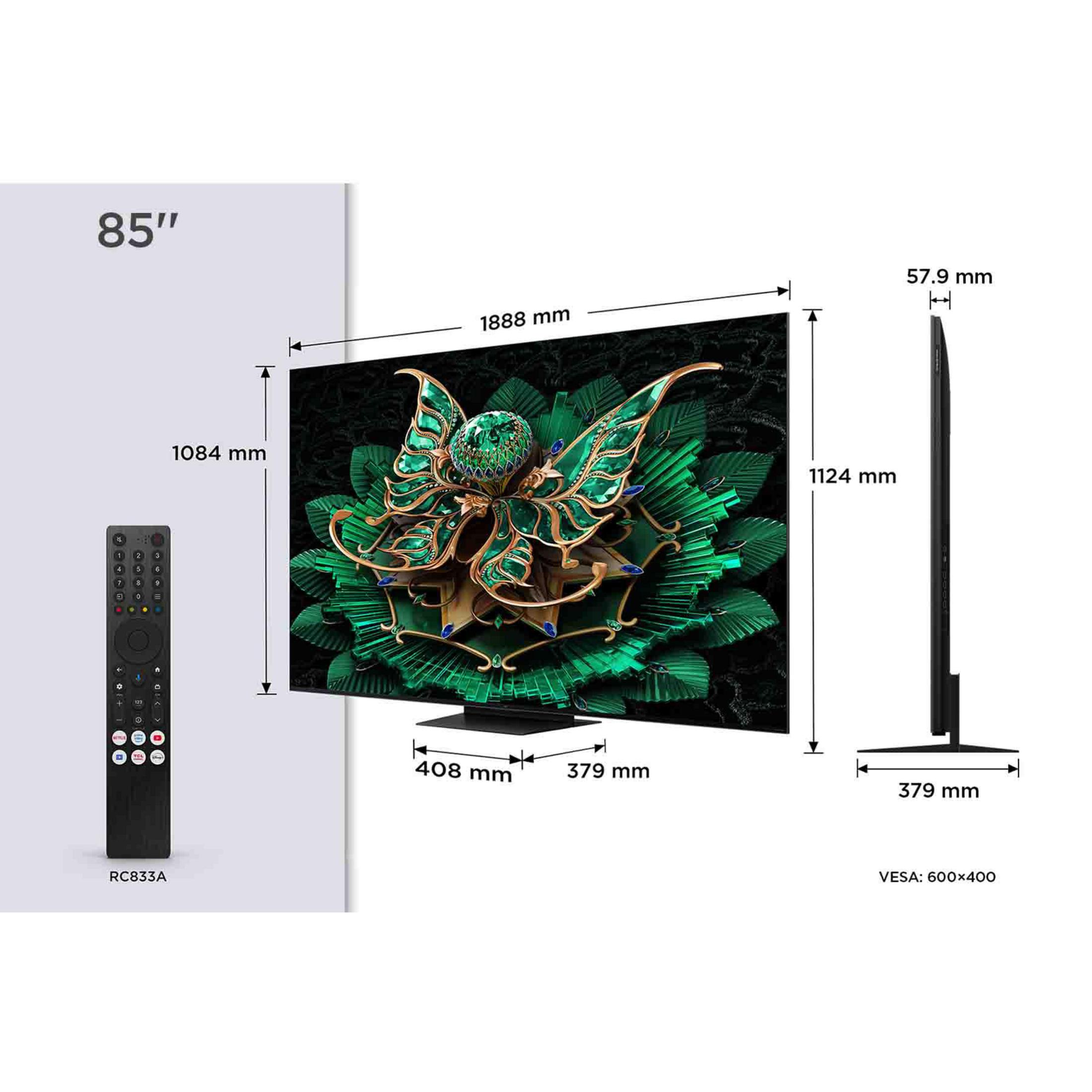 TV da 85 pollici con dimensioni e telecomando. Presenta un design floreale verde sullo schermo.