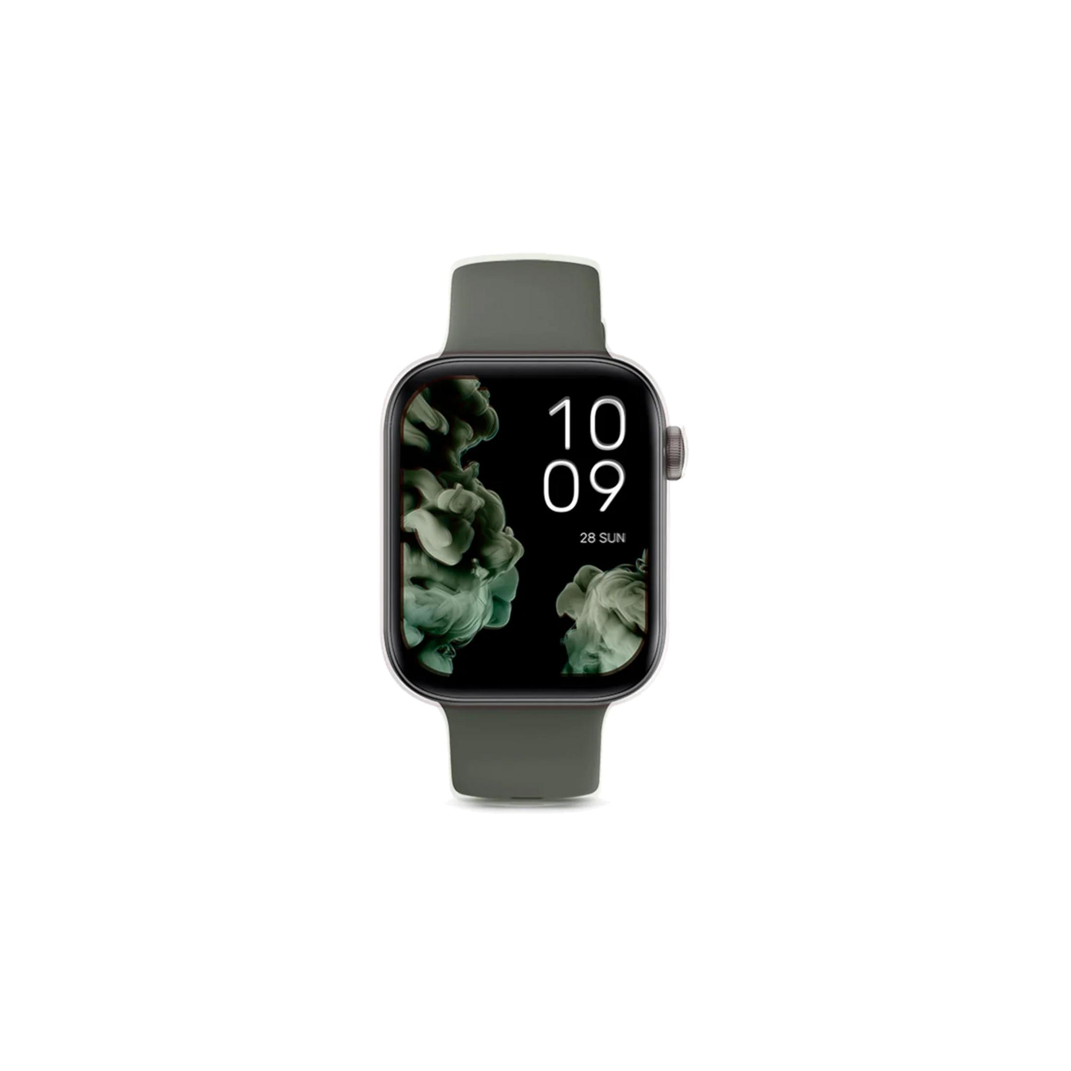 Uno smartwatch con schermo scuro che mostra fumo verde astratto e l'ora 10:09.