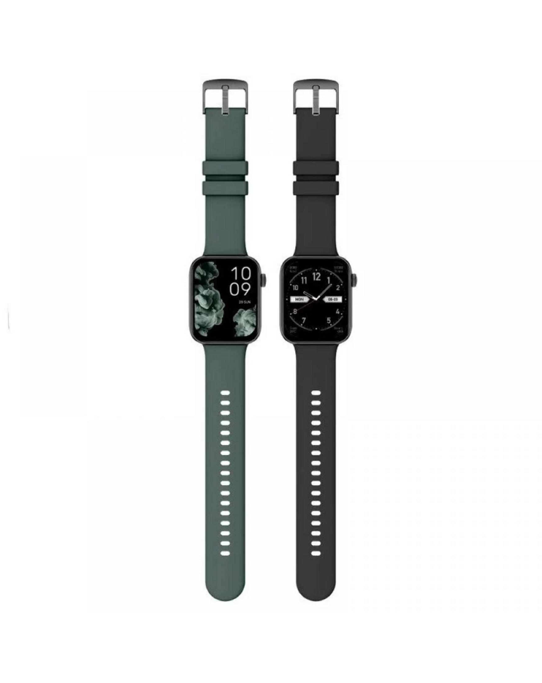 Due smartwatch una accanto all'altra, una verde, una nera, con display digitali.