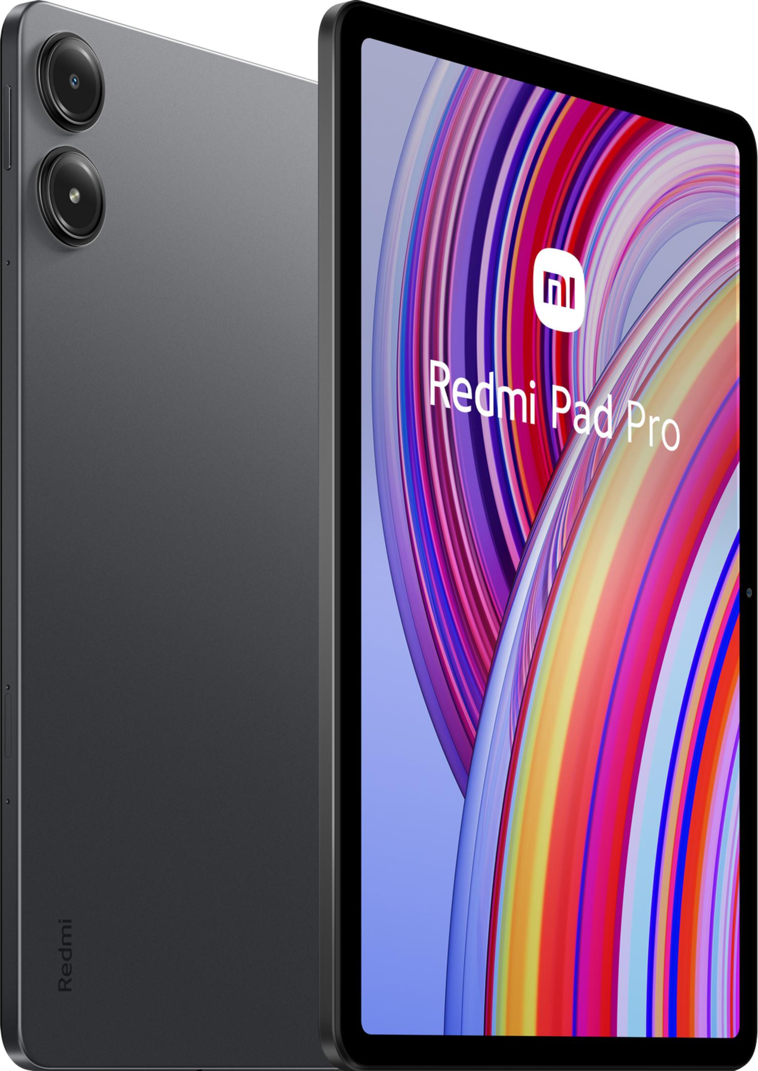 Een grijze tablet met twee camera's aan de achterkant. Het scherm toont kleurrijke strepen en het Redmi Pad Pro logo.