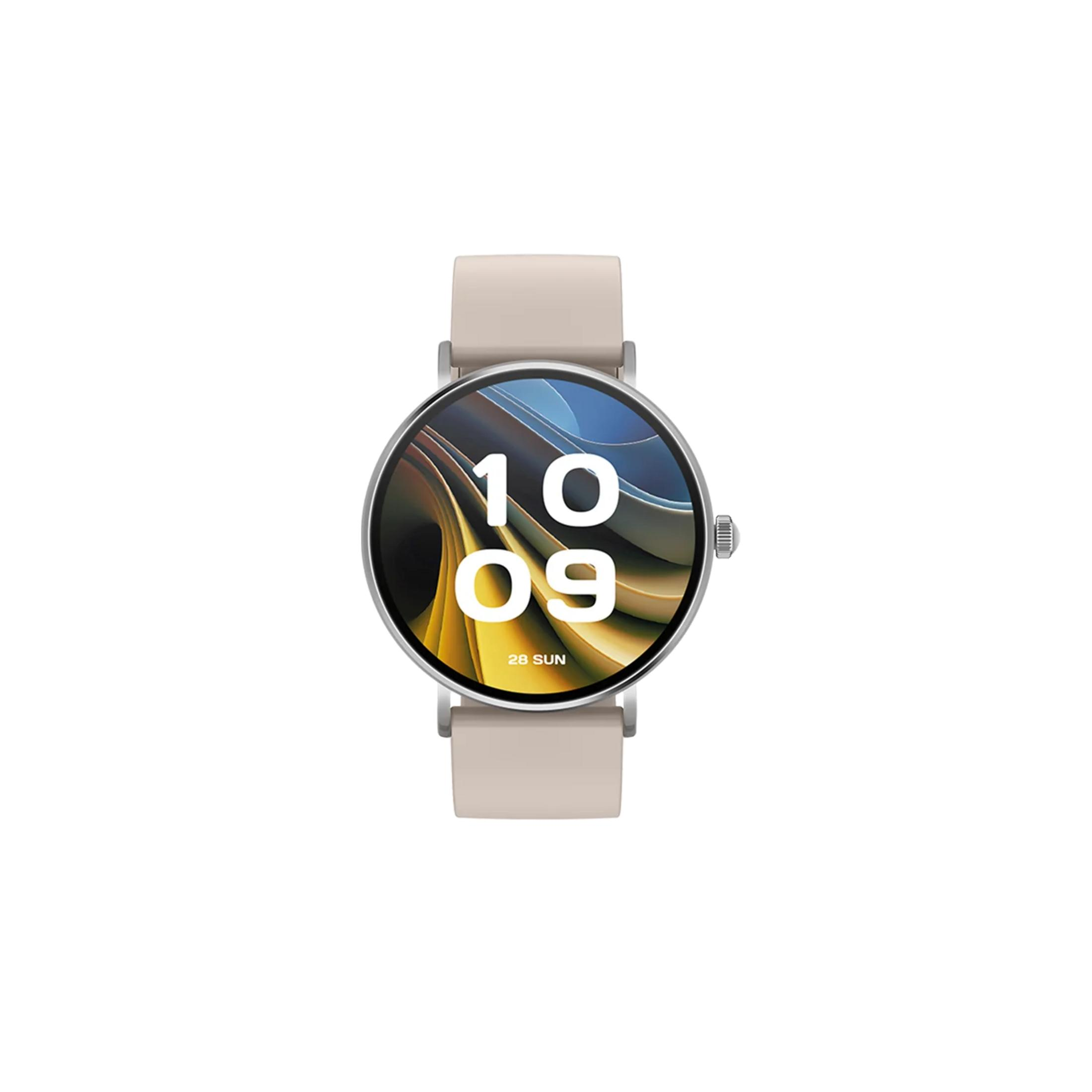 Uno smartwatch rotondo con cinturino color crema e quadrante colorato.