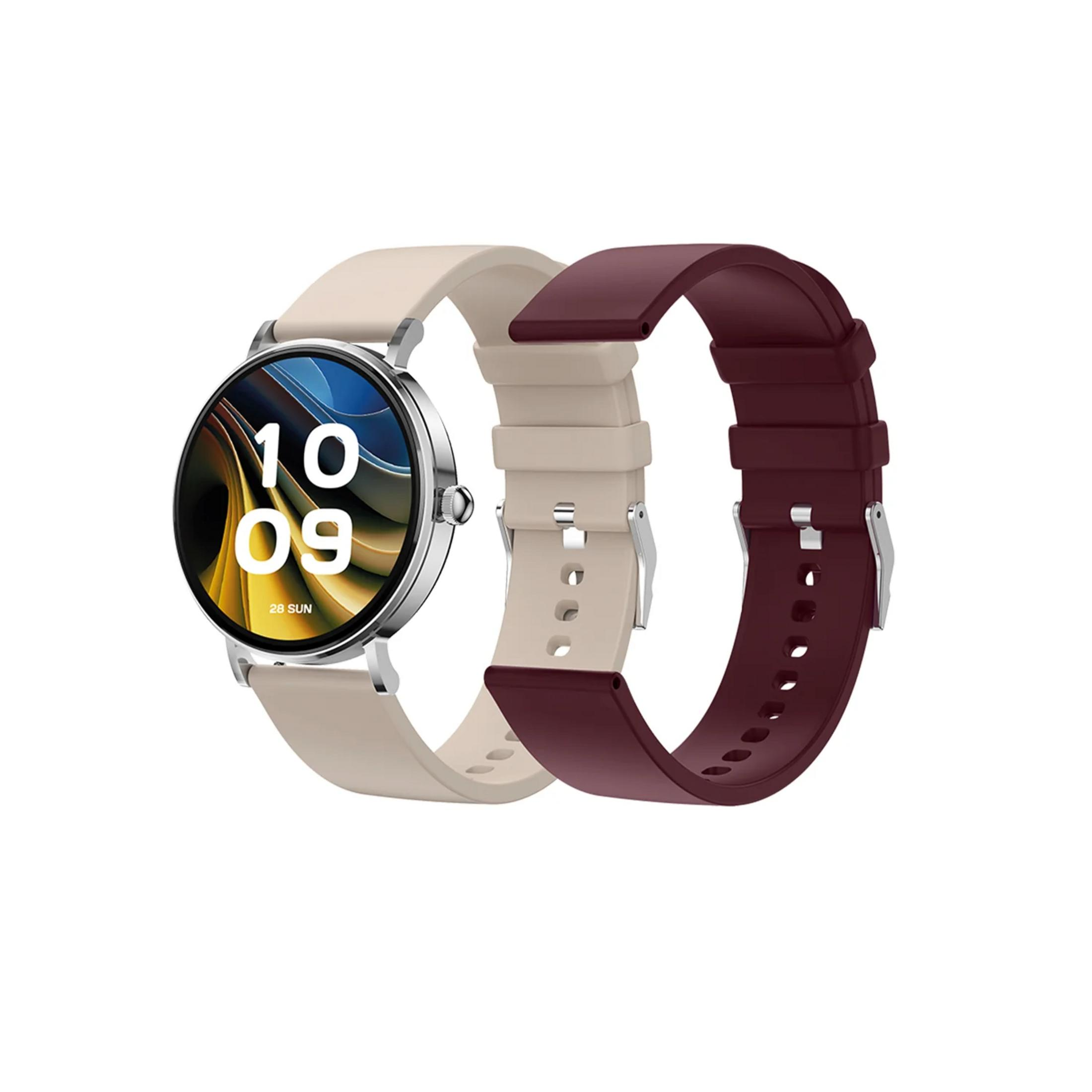 Uno smartwatch argentato con cinturino beige e bordeaux.