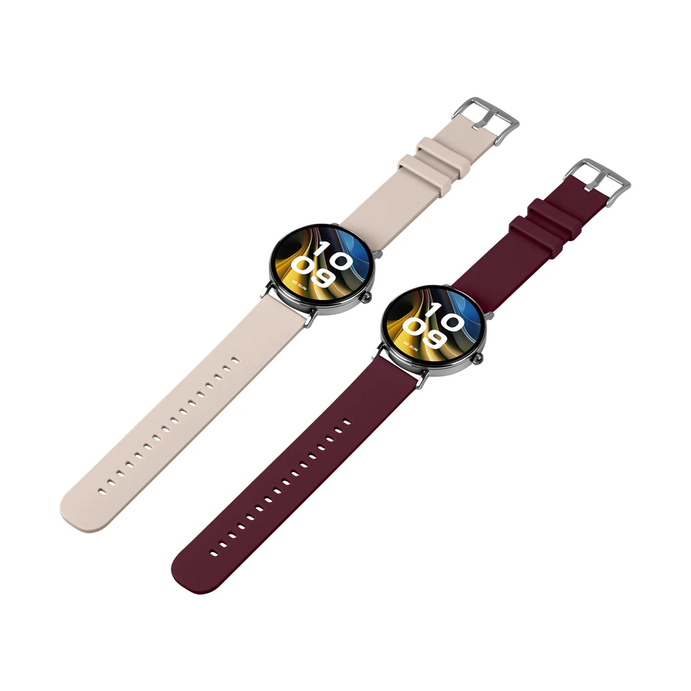 Due smartwatch, una beige e una bordeaux, giacciono una accanto all'altra.