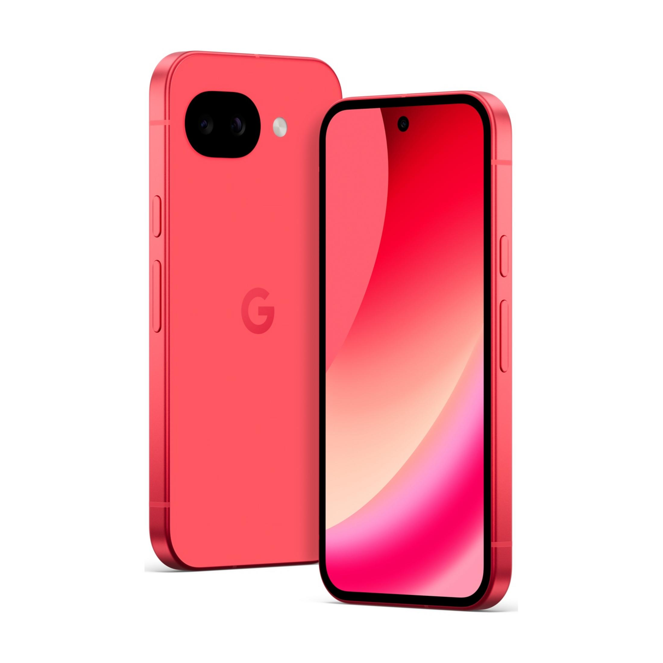 Due smartphone rossi, uno mostra il retro con fotocamere e logo Google, l'altro lo schermo.