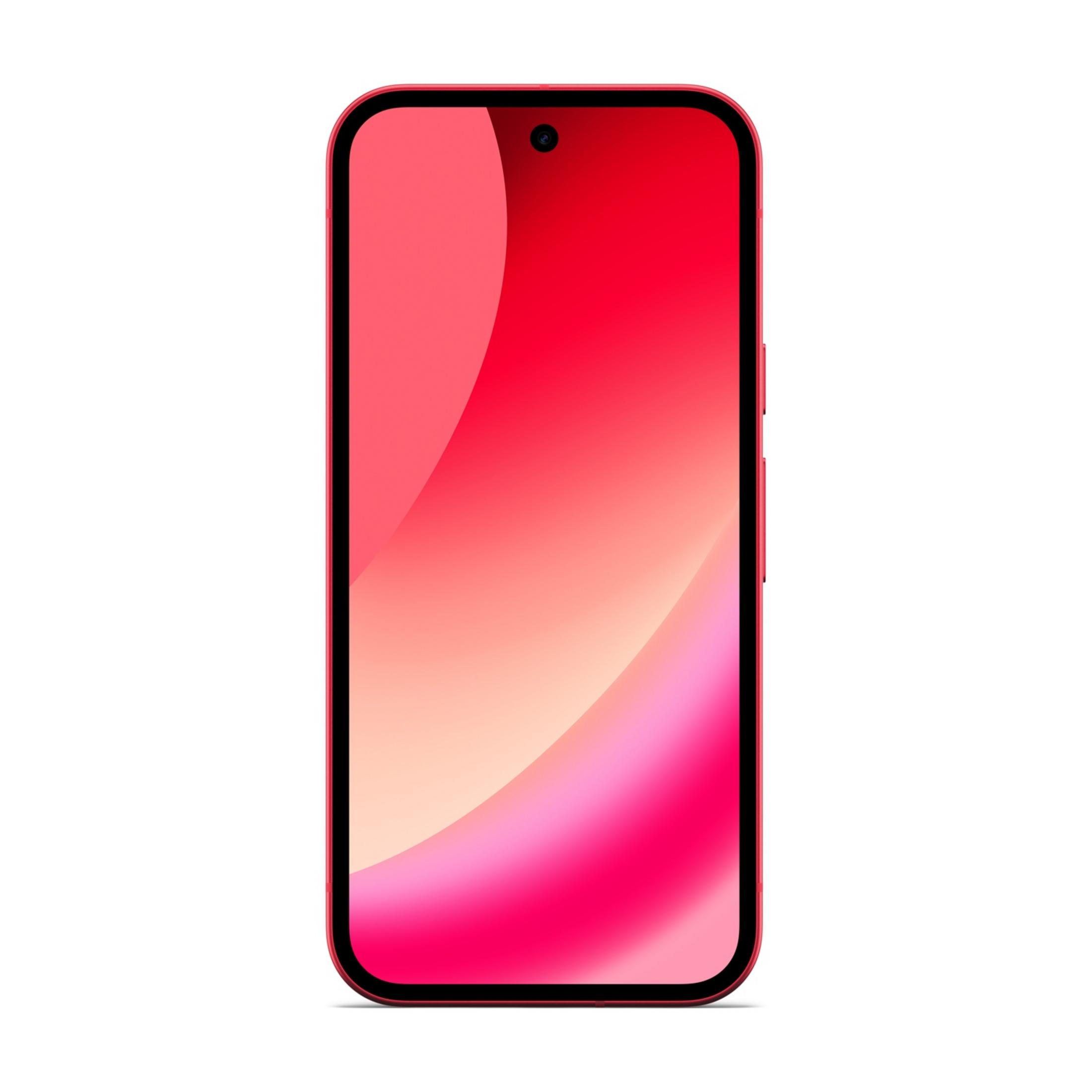 Uno smartphone rosso con display sfumato e fotocamera frontale.