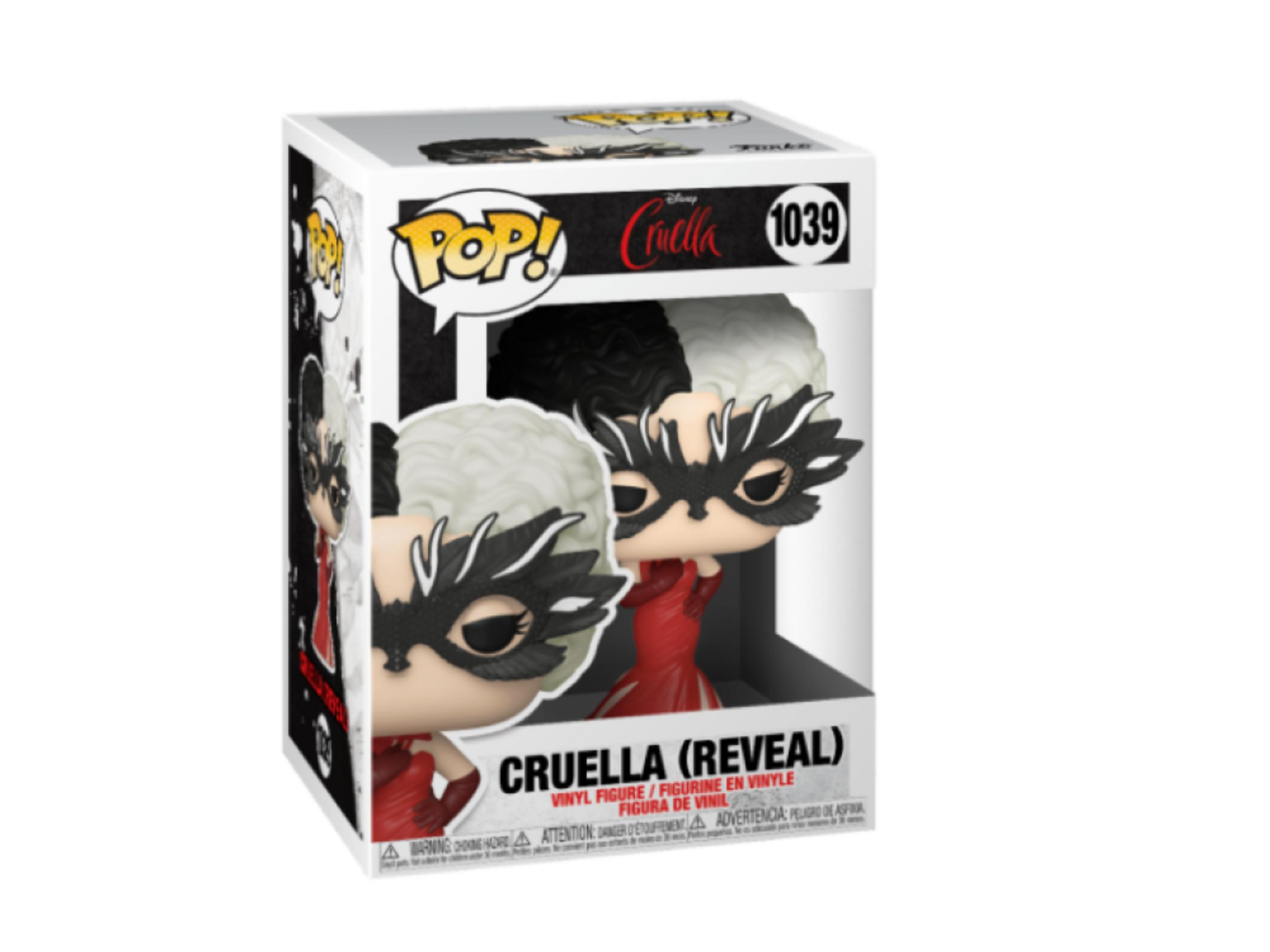 Funko Pop! Vinyl Figur von Cruella im roten Kleid mit schwarzer Maske.