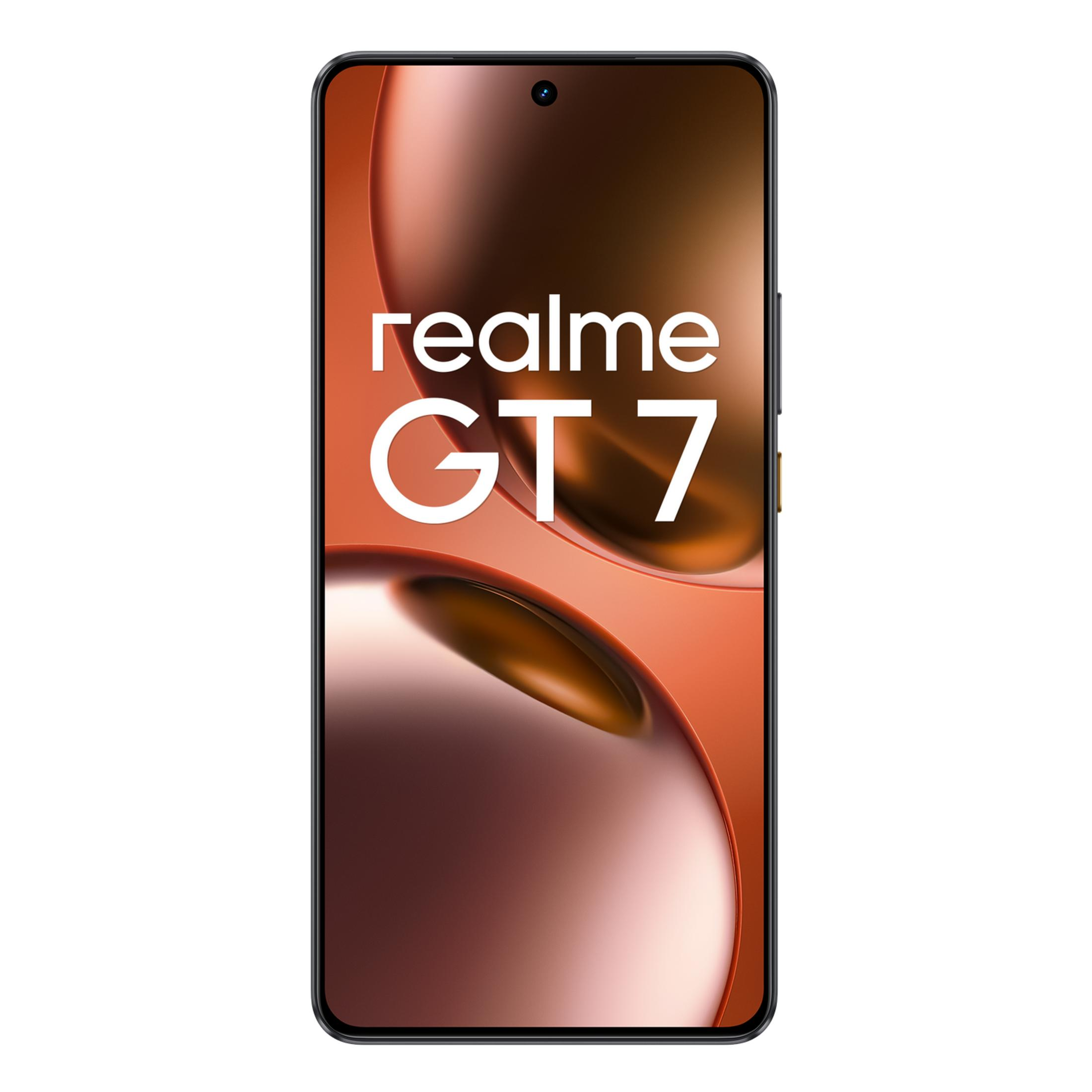 Un teléfono inteligente que muestra el texto Realme GT 7 en su pantalla.
