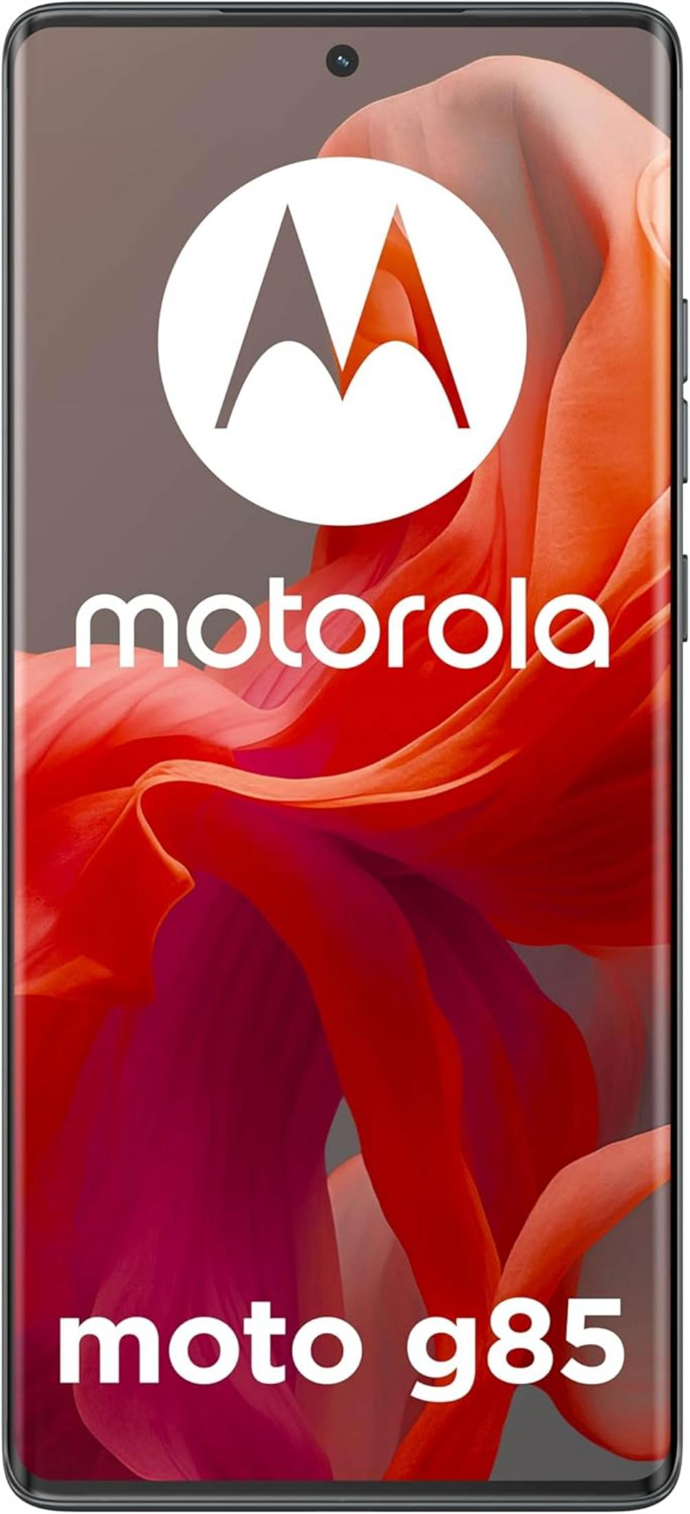 Logotipo y texto de Motorola sobre formas rojas y fluidas en un smartphone.