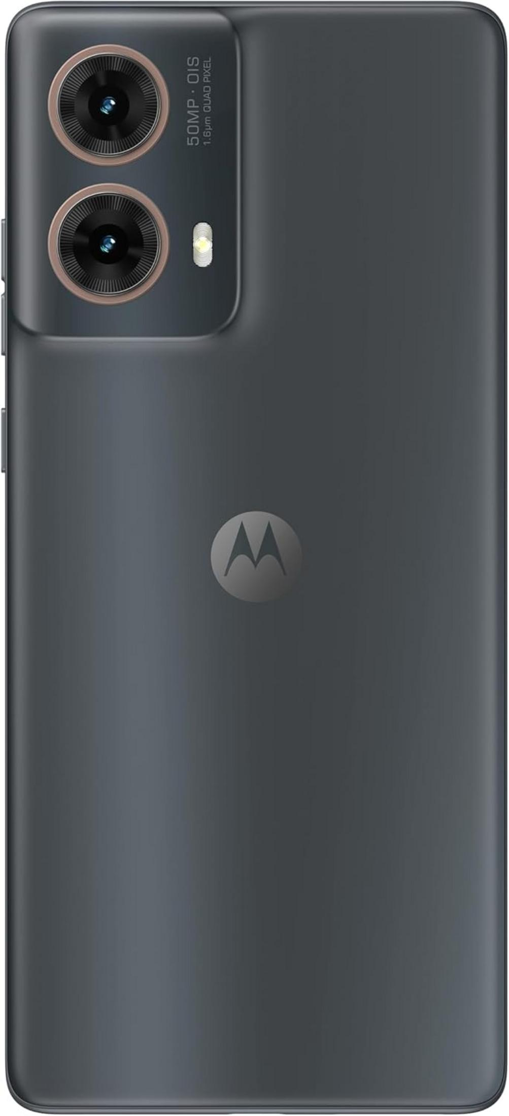 Parte trasera de un smartphone Motorola oscuro con dos cámaras y flash.
