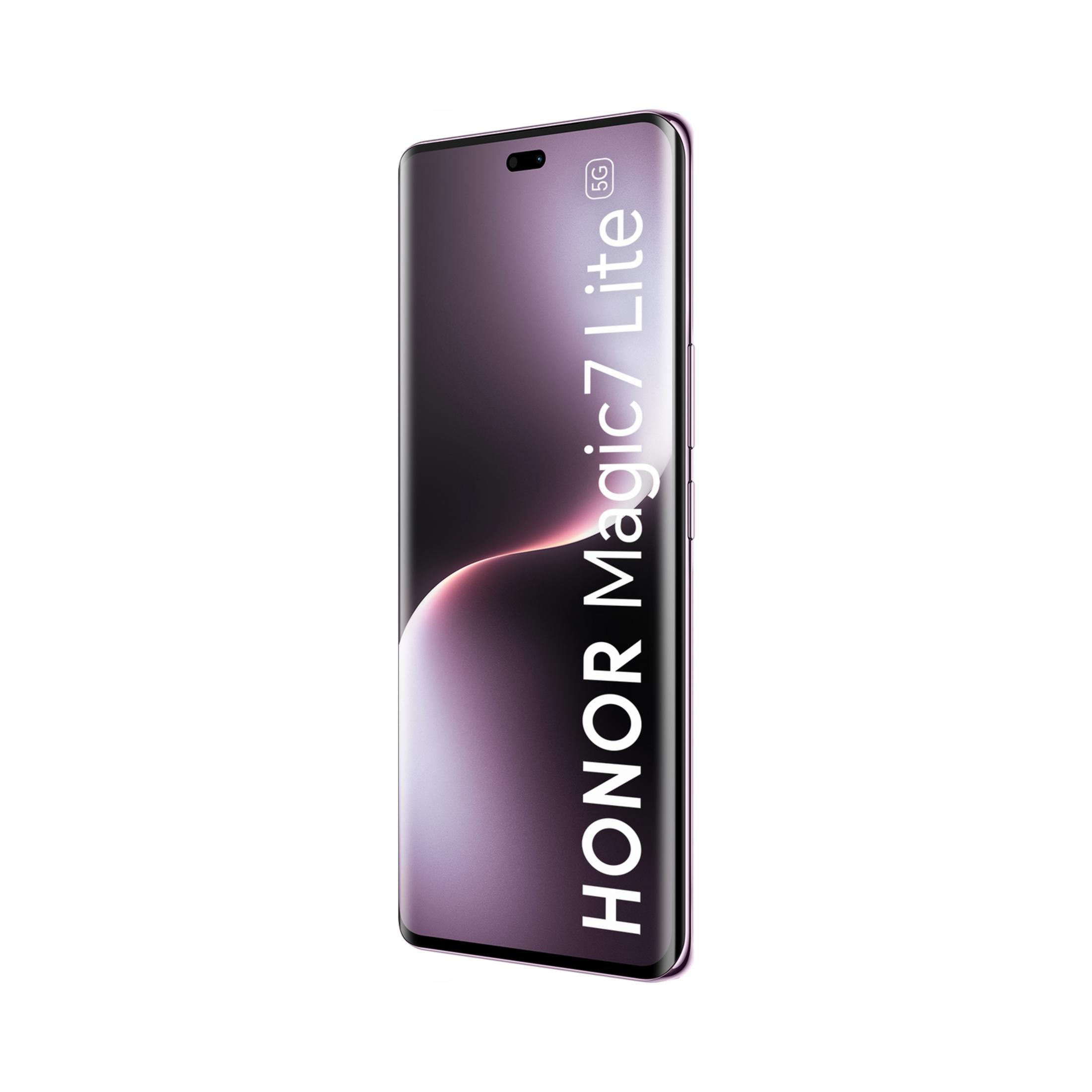 Smartphone Honor Magic7 Lite 5G morado con pantalla curva y texto blanco.