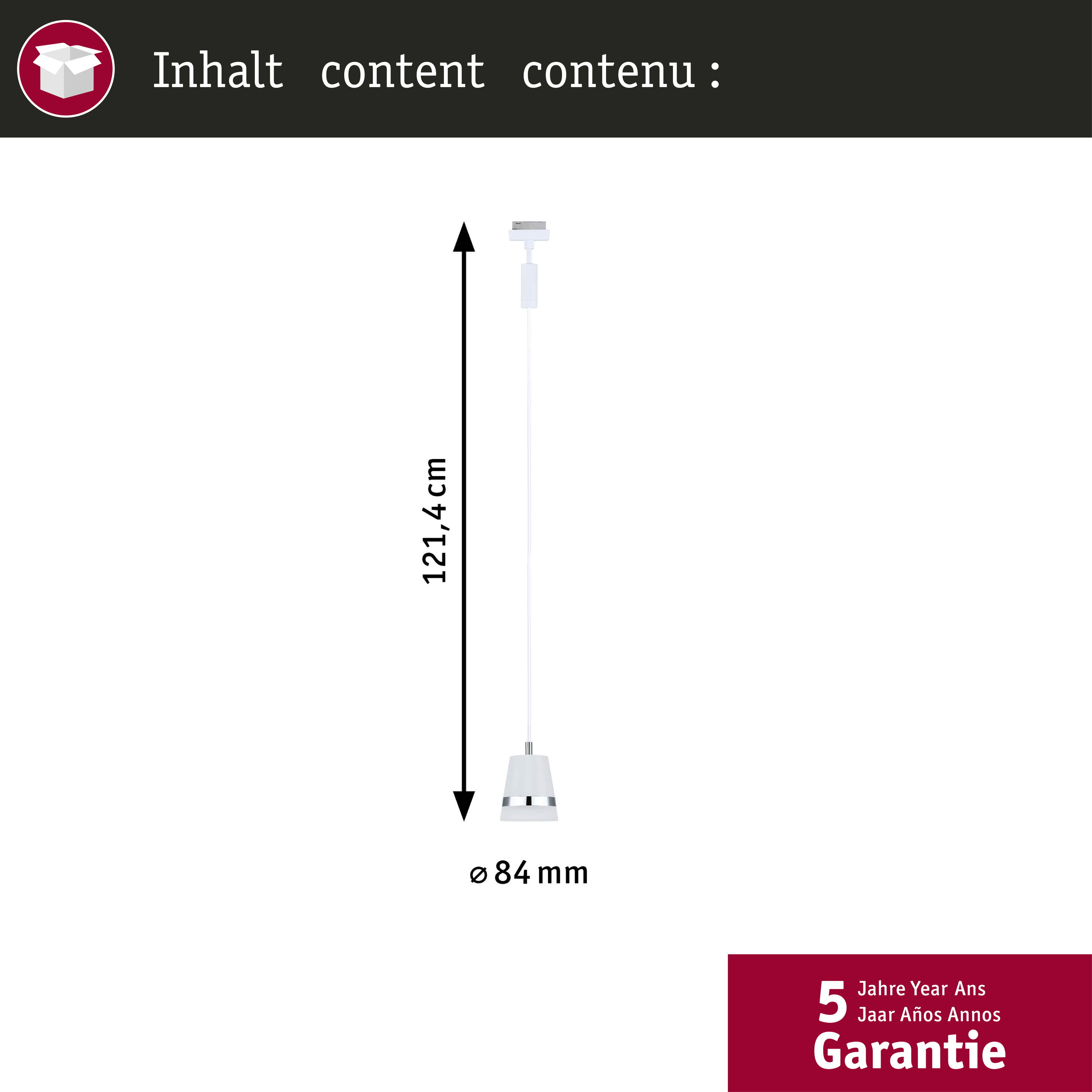 Hängeleuchte mit 121,4 cm Höhe und 84 mm Durchmesser, 5 Jahre Garantie.
