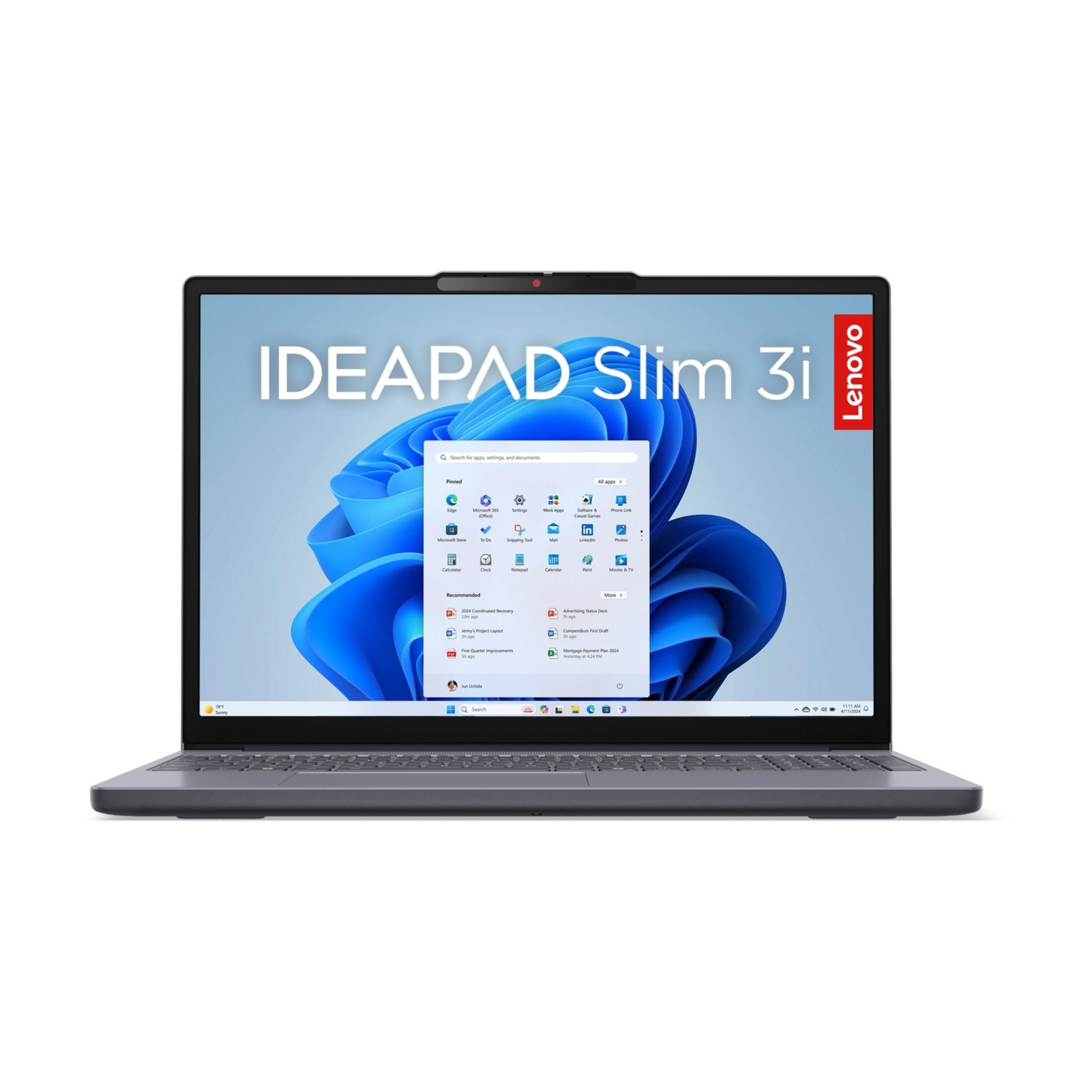 Un laptop Lenovo Ideapad Slim 3i grigio chiuso che mostra il menu Start di Windows 11.