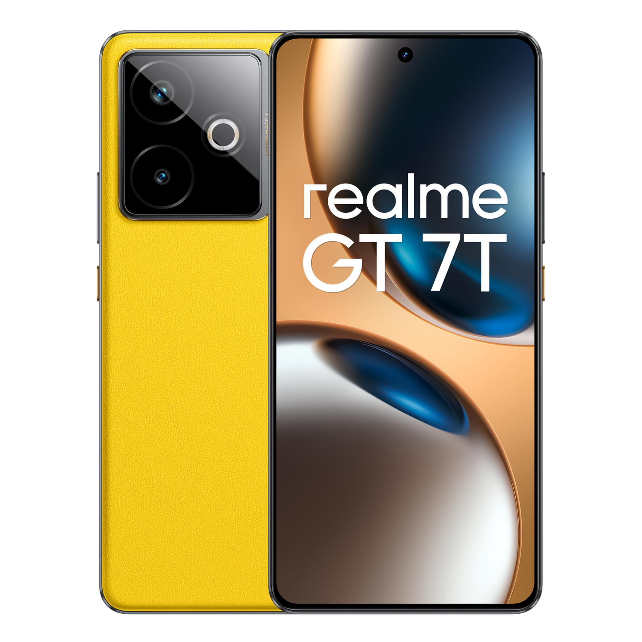 Uno smartphone giallo con tre fotocamere posteriori e Realme GT 7T sullo schermo.