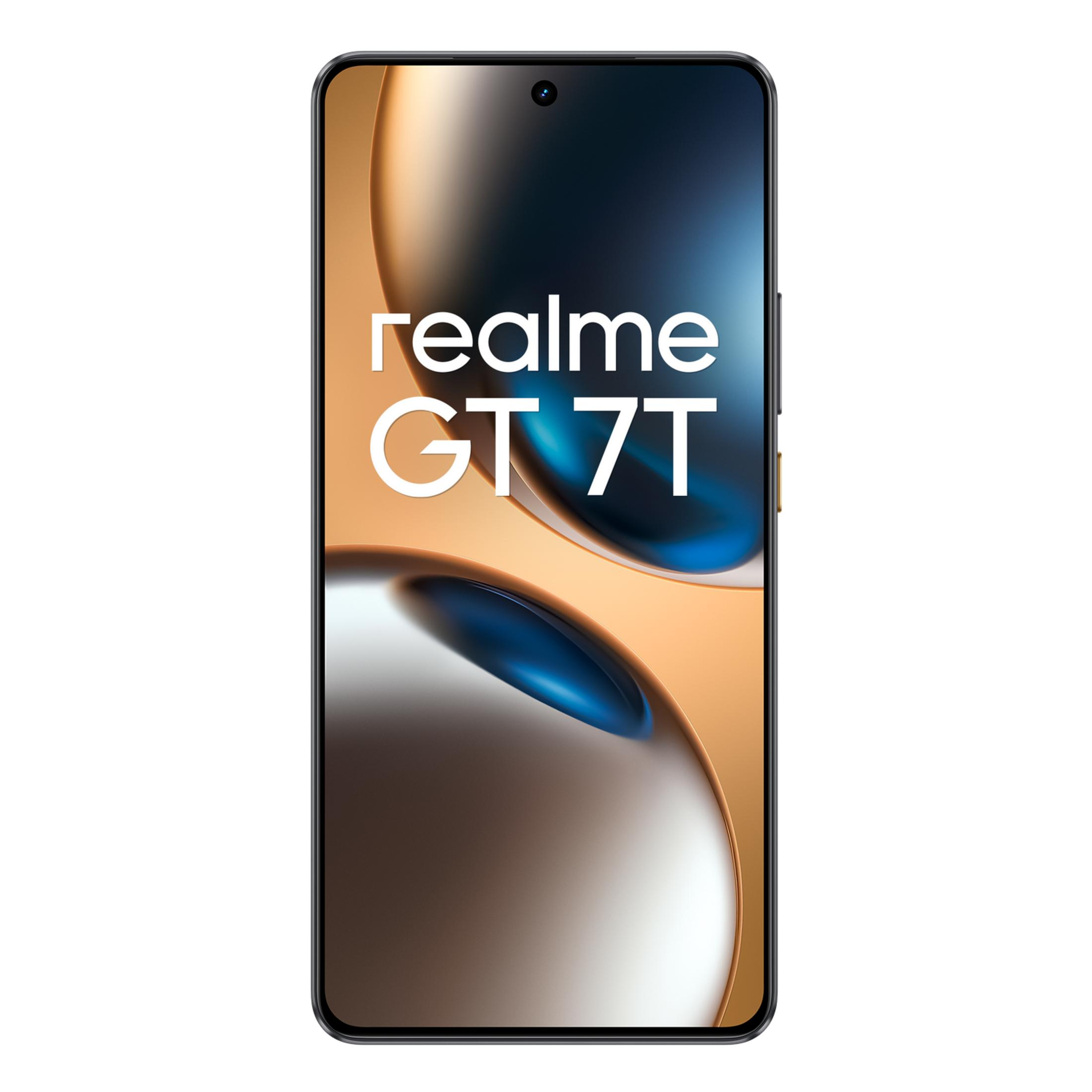Uno smartphone Realme GT 7T con uno sfondo astratto oro e blu.