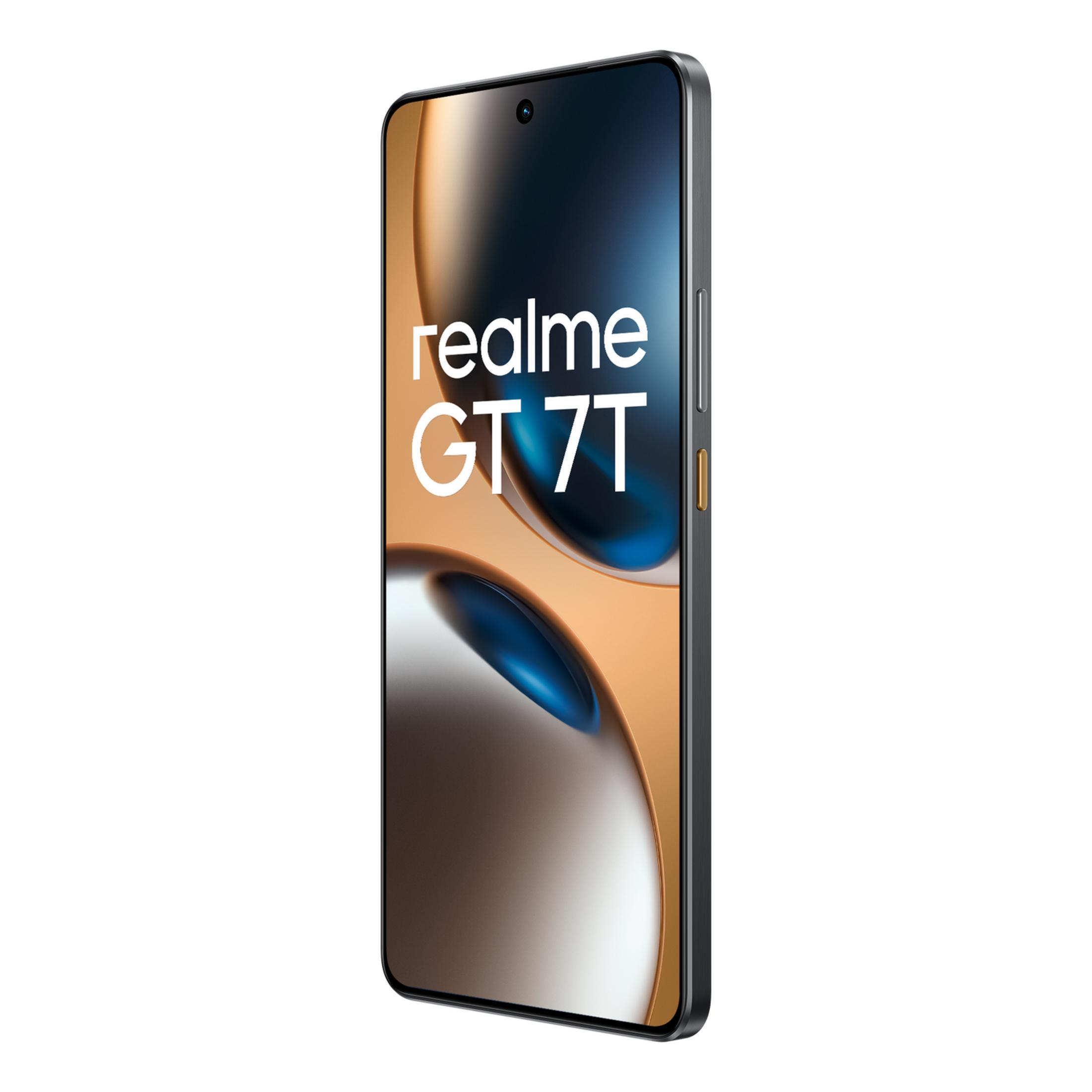 Uno smartphone scuro con la scritta Realme GT 7T sullo schermo.