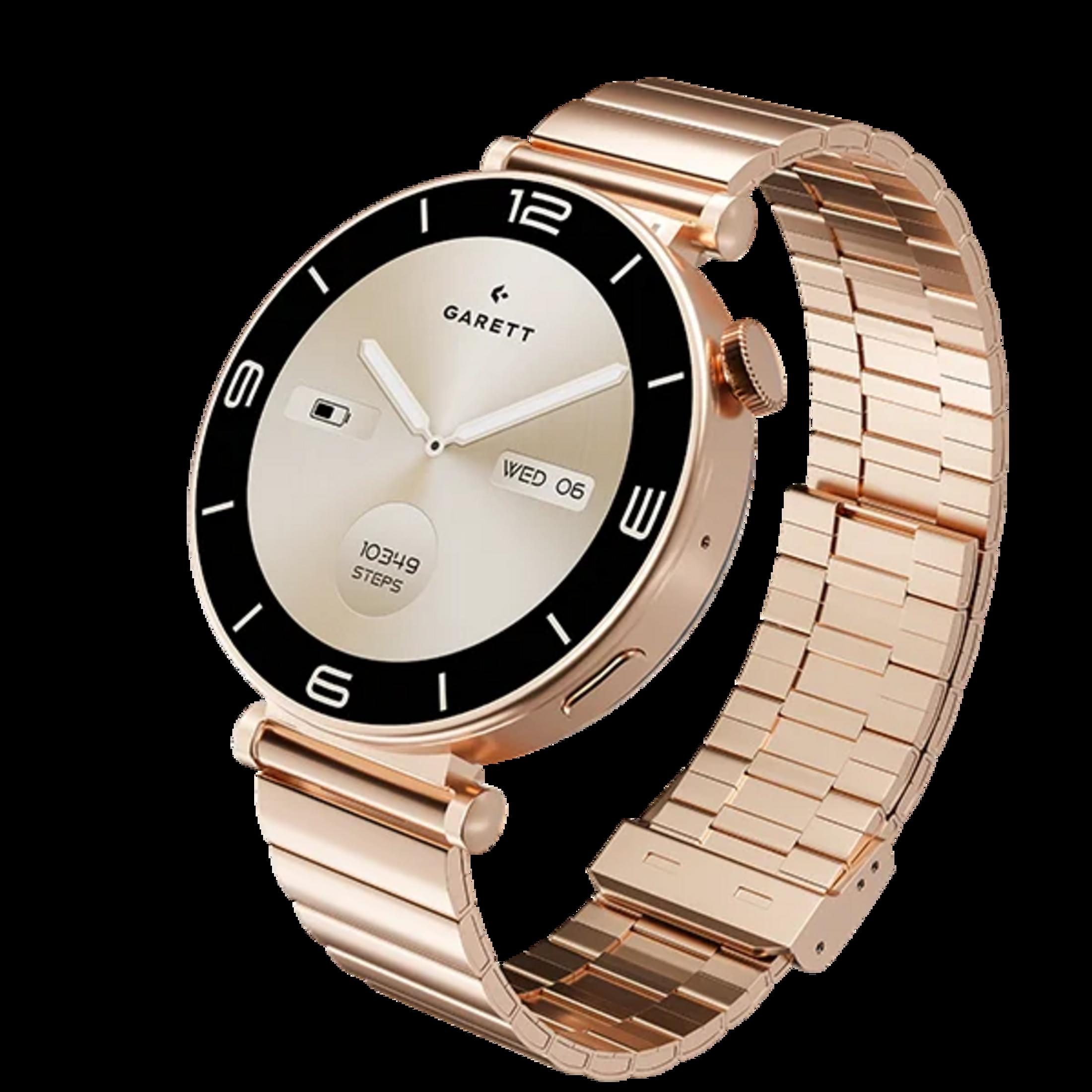 Uno smartwatch color oro rosa con lunetta nera ed elementi di display digitali.