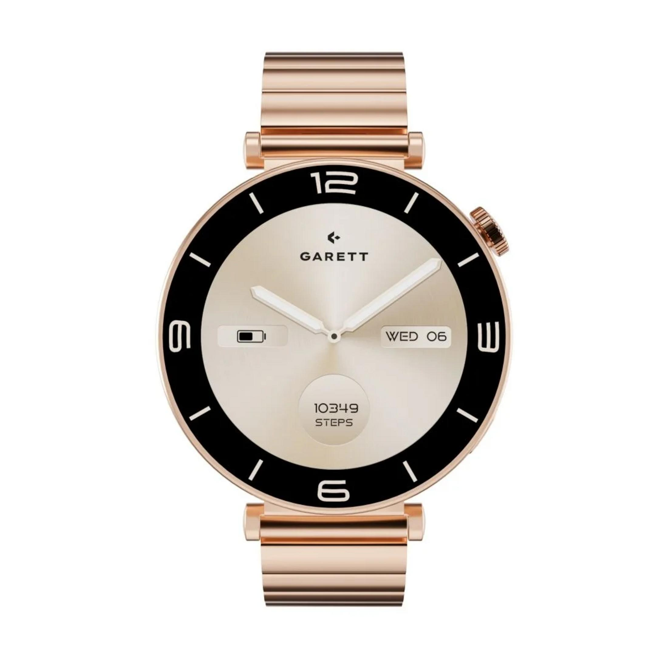 Un elegante smartwatch color oro rosa con quadrante bianco e ghiera nera.