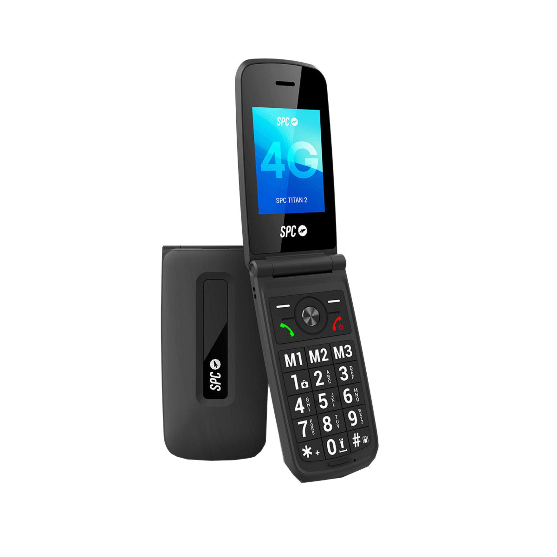 Telefono flip nero con display 4G e tastierino numerico.