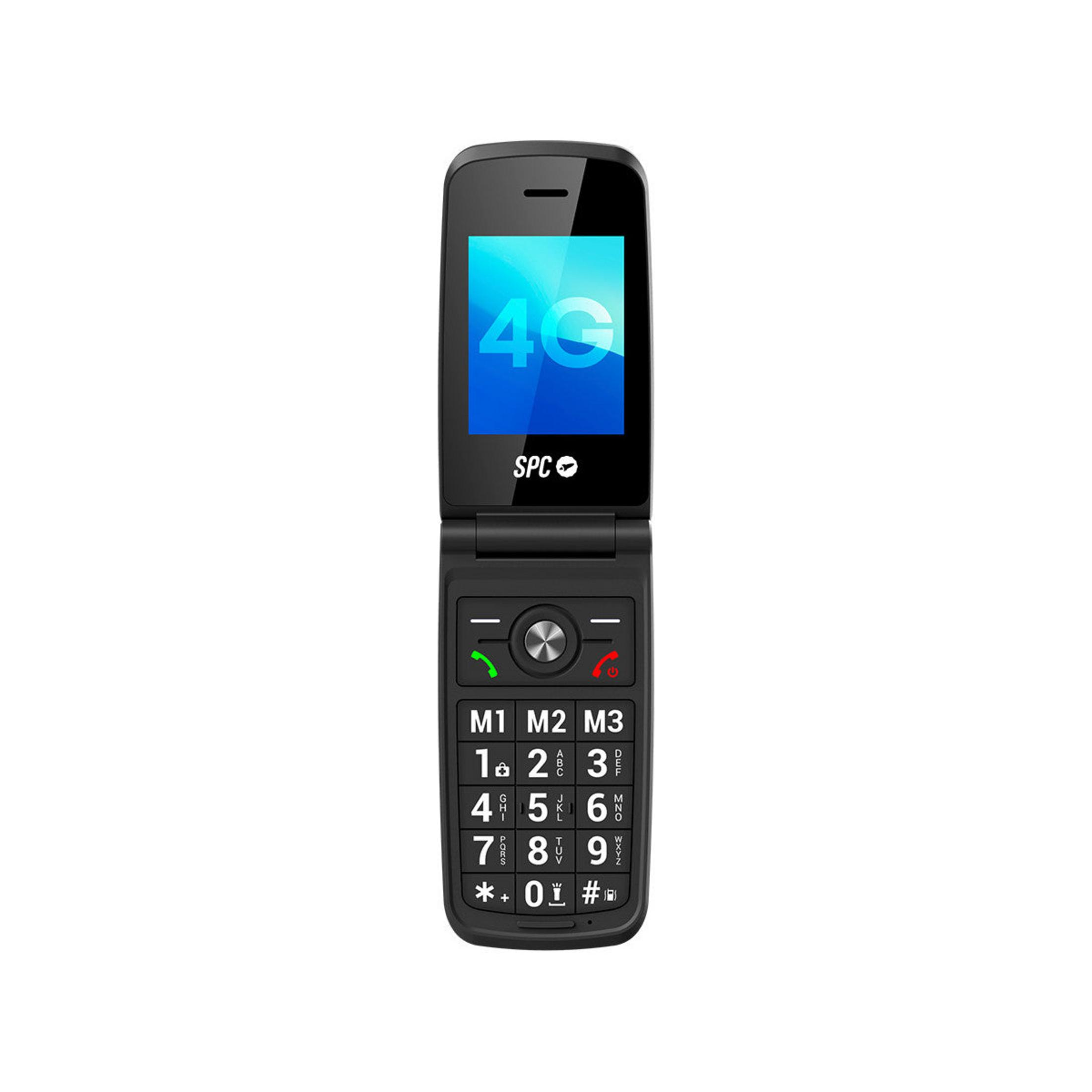 Un telefono a conchiglia nero con logo 4G sullo schermo e tastiera.