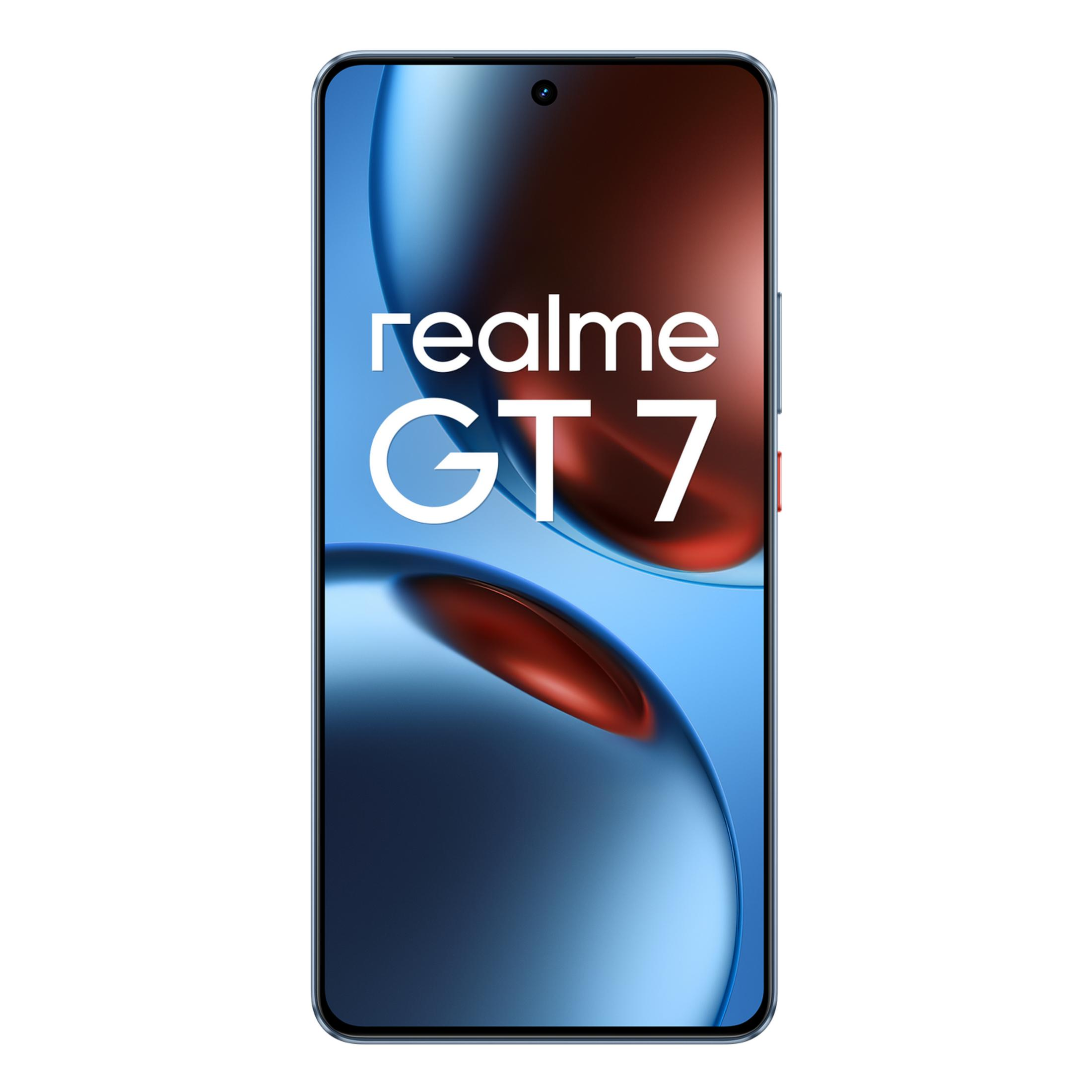 Ein Realme GT 7 Smartphone mit einem blauen und roten Hintergrund.