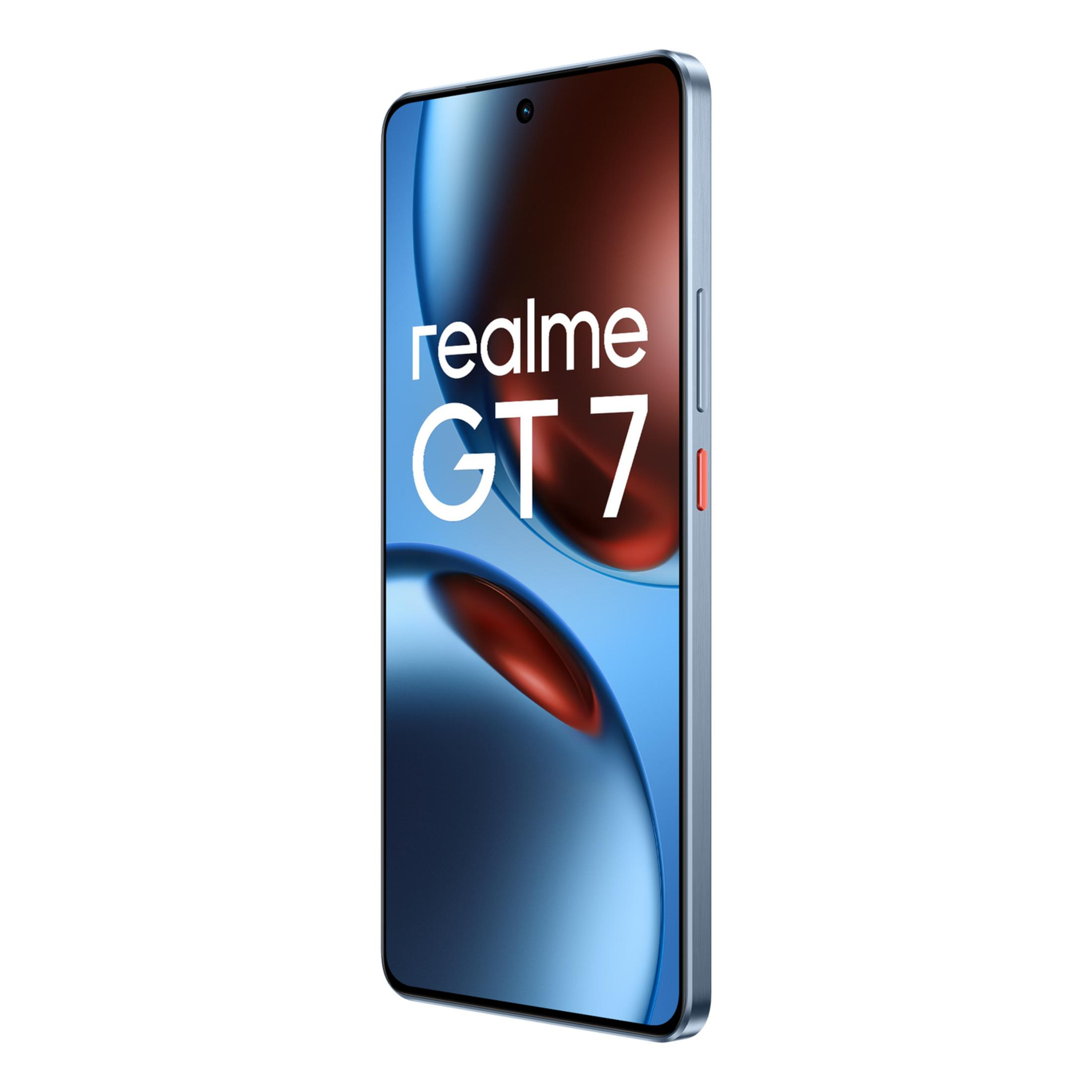 Ein blaues Realme GT 7 Smartphone mit rotem Akzent, weißer Schrift auf dem Bildschirm.