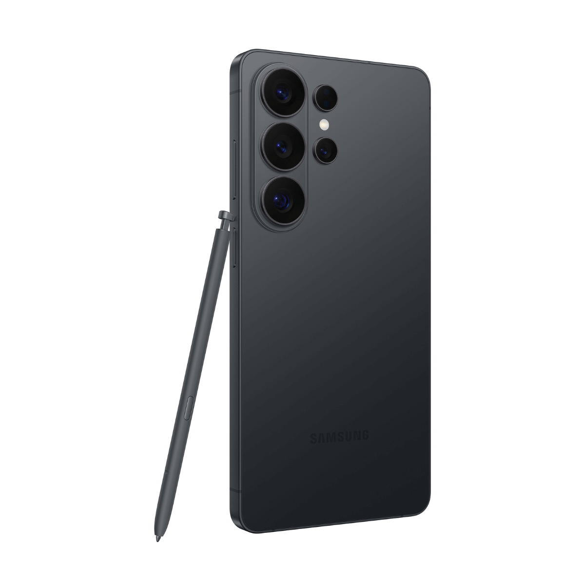 Dunkelgraues Smartphone mit Stift und vier Kameras auf der Rückseite.